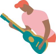 Illustration of a person playing a blue guitar, wearing a pink shirt and orange pants.