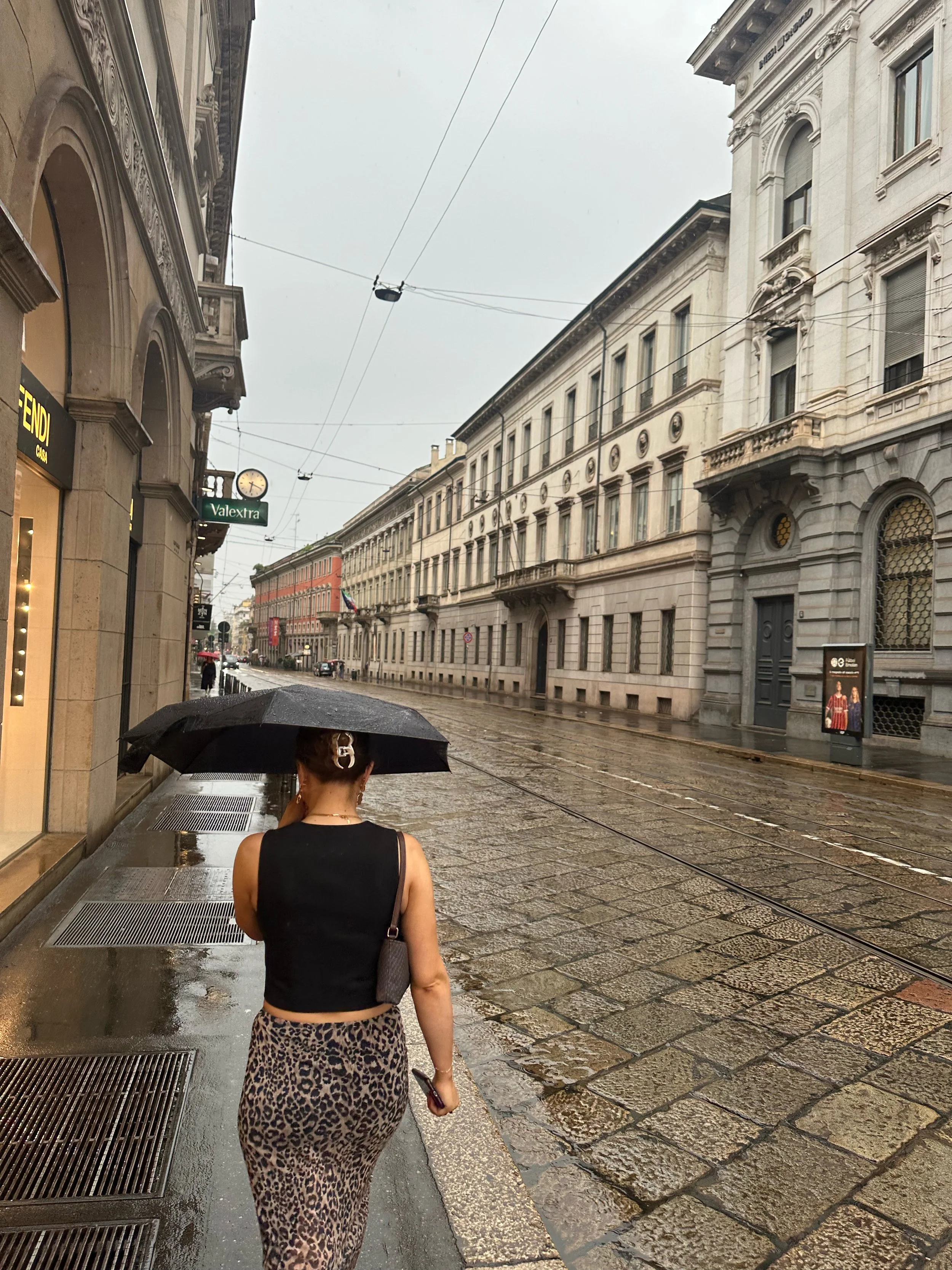 A woman wearing a leopard print skirt, walking down the street in Milan with an umbrella in the rain