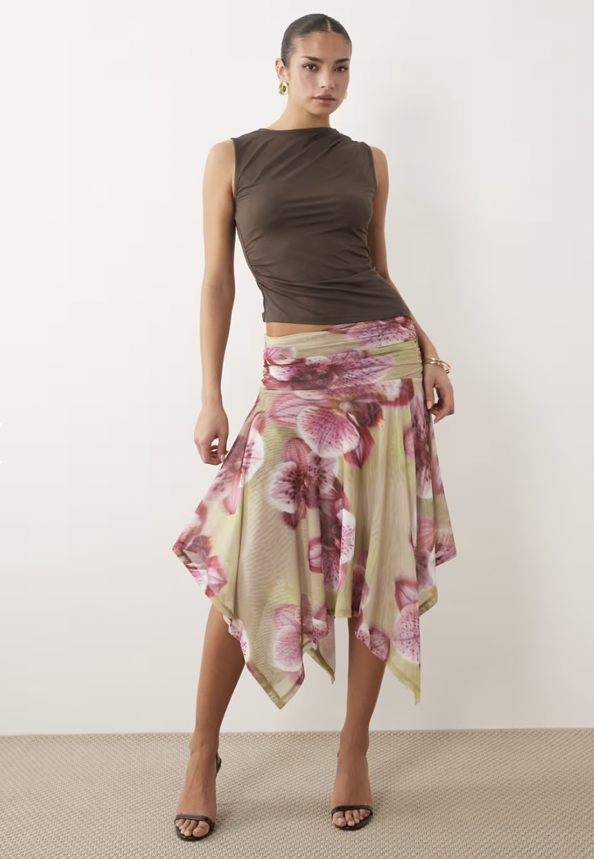 ASOS DESIGN sheer mesh hanky hem skirt in green floral
