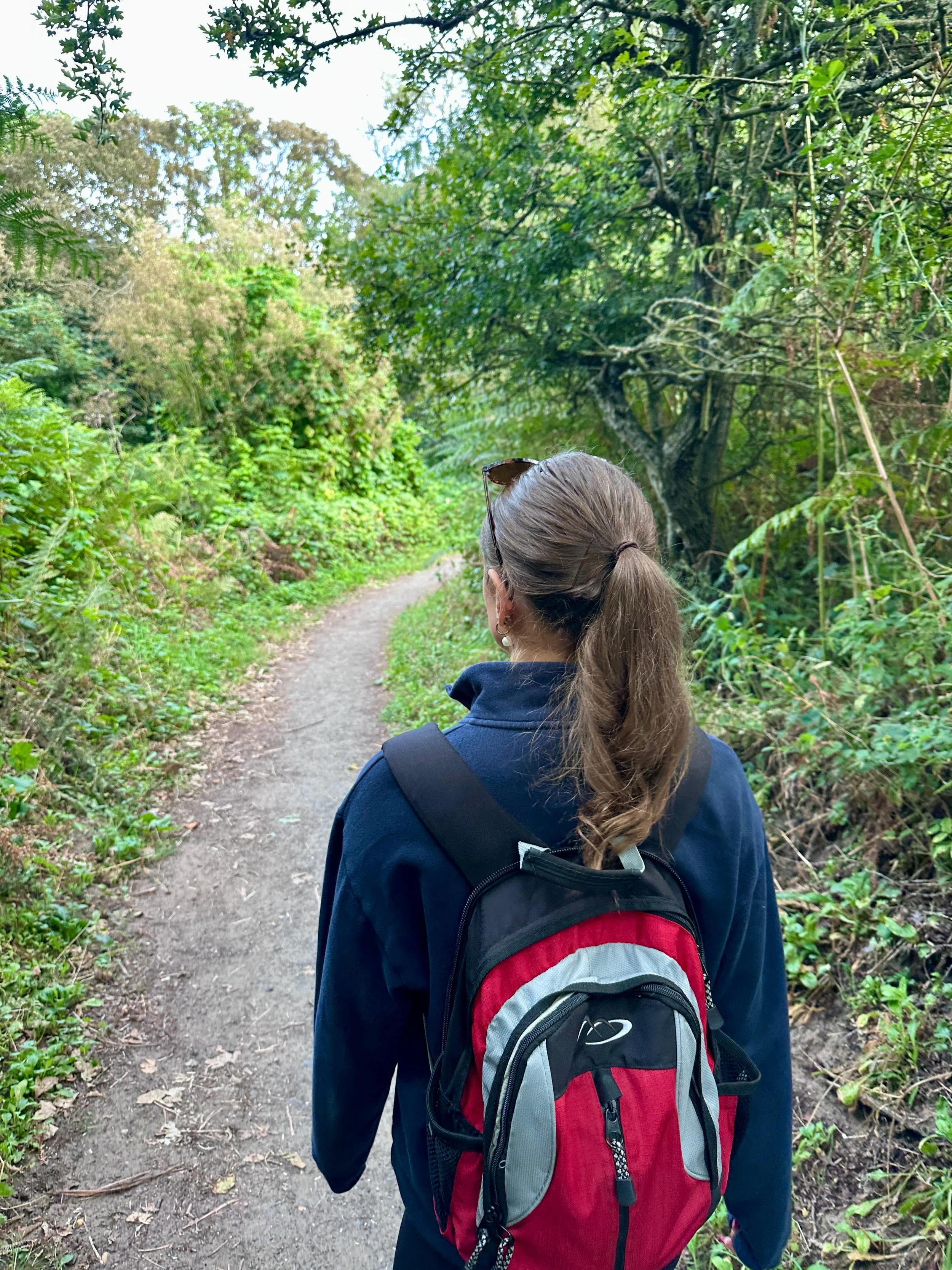 Hiker with ponytail and red-and-black backpack walks along a narrow woodland trail, surrounded by lush green trees and undergrowth.