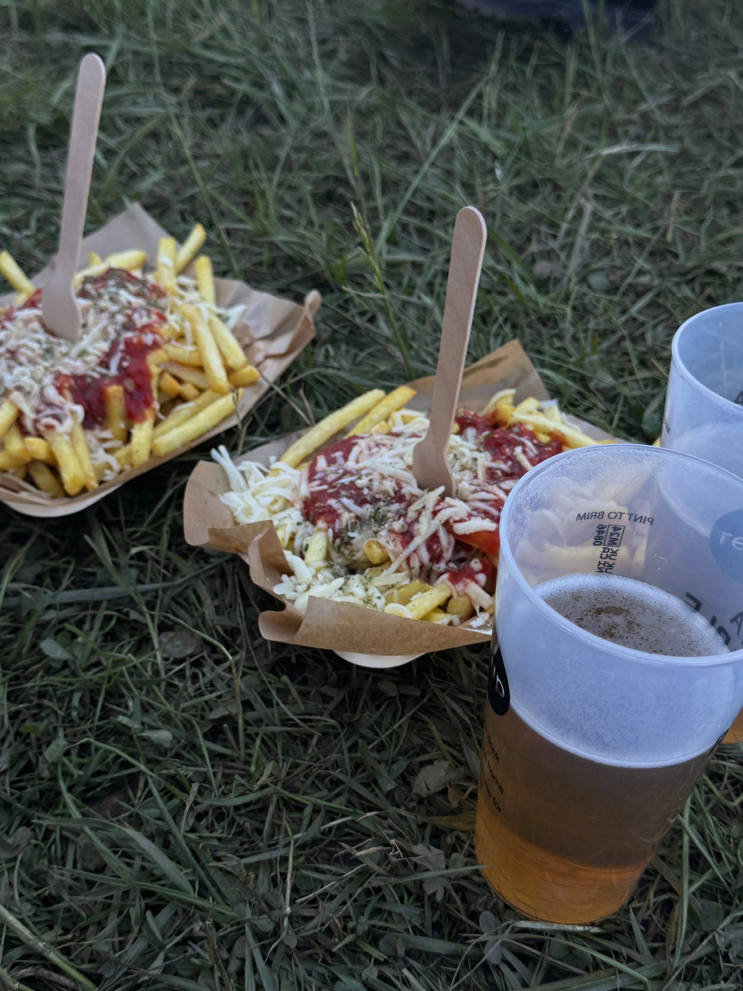 Two servings of loaded fries with cheese and sauce on grass beside plastic cups of beer.