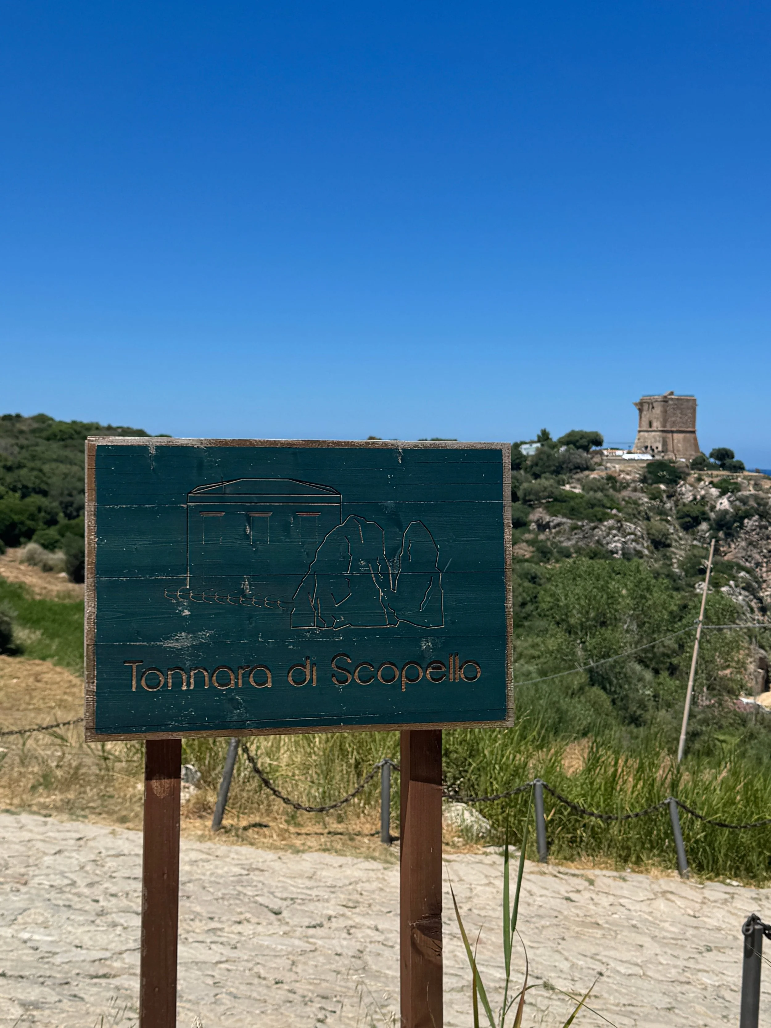 A wooden signpost reading "Tonnara di Scopello," surrounded by lush greenery and a clear blue sky.