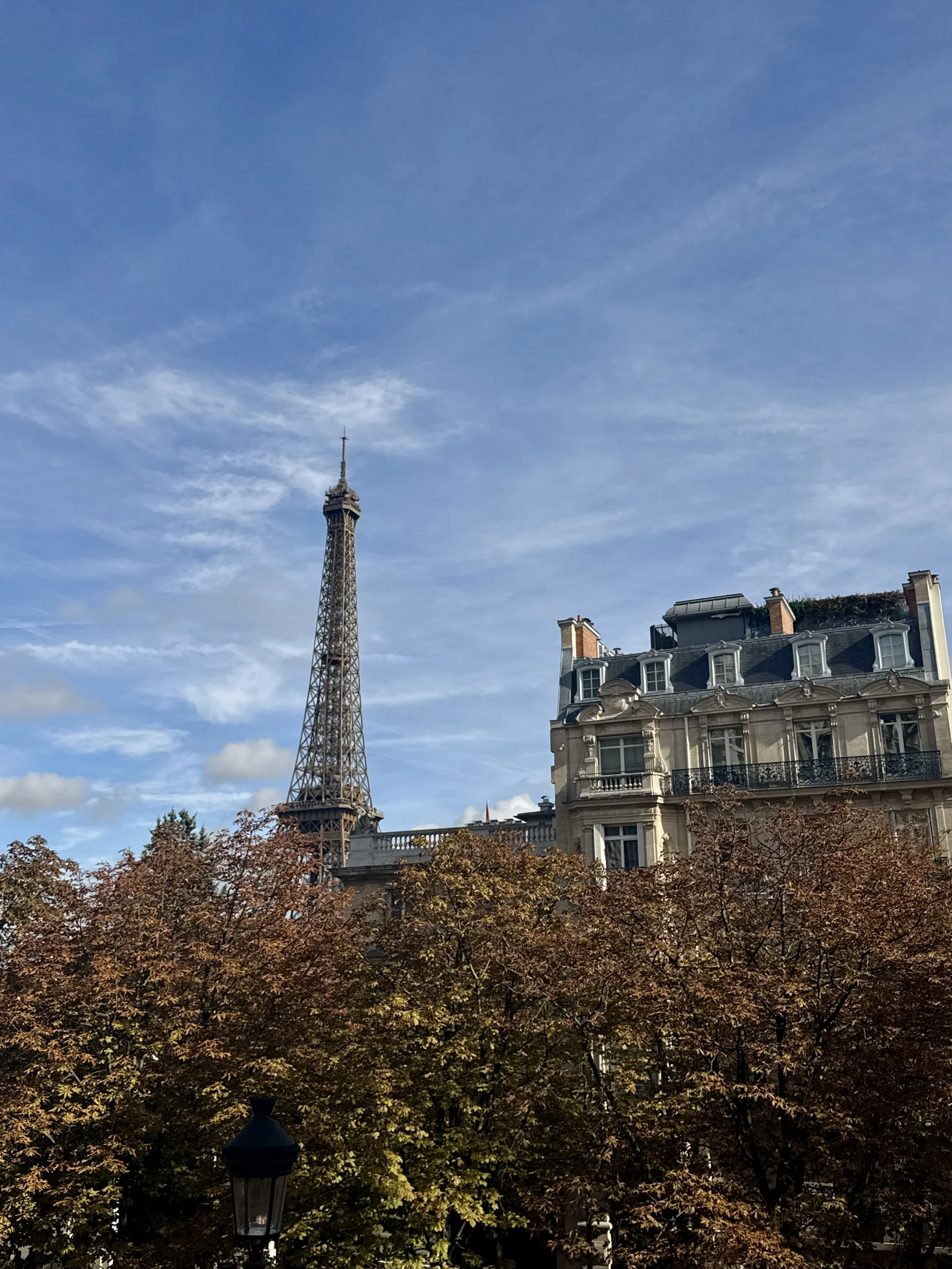 The Eiffel Tower rises behind golden autumn trees and a Parisian rooftop beneath a bright, cloud-streaked blue sky, creating a serene city scene.