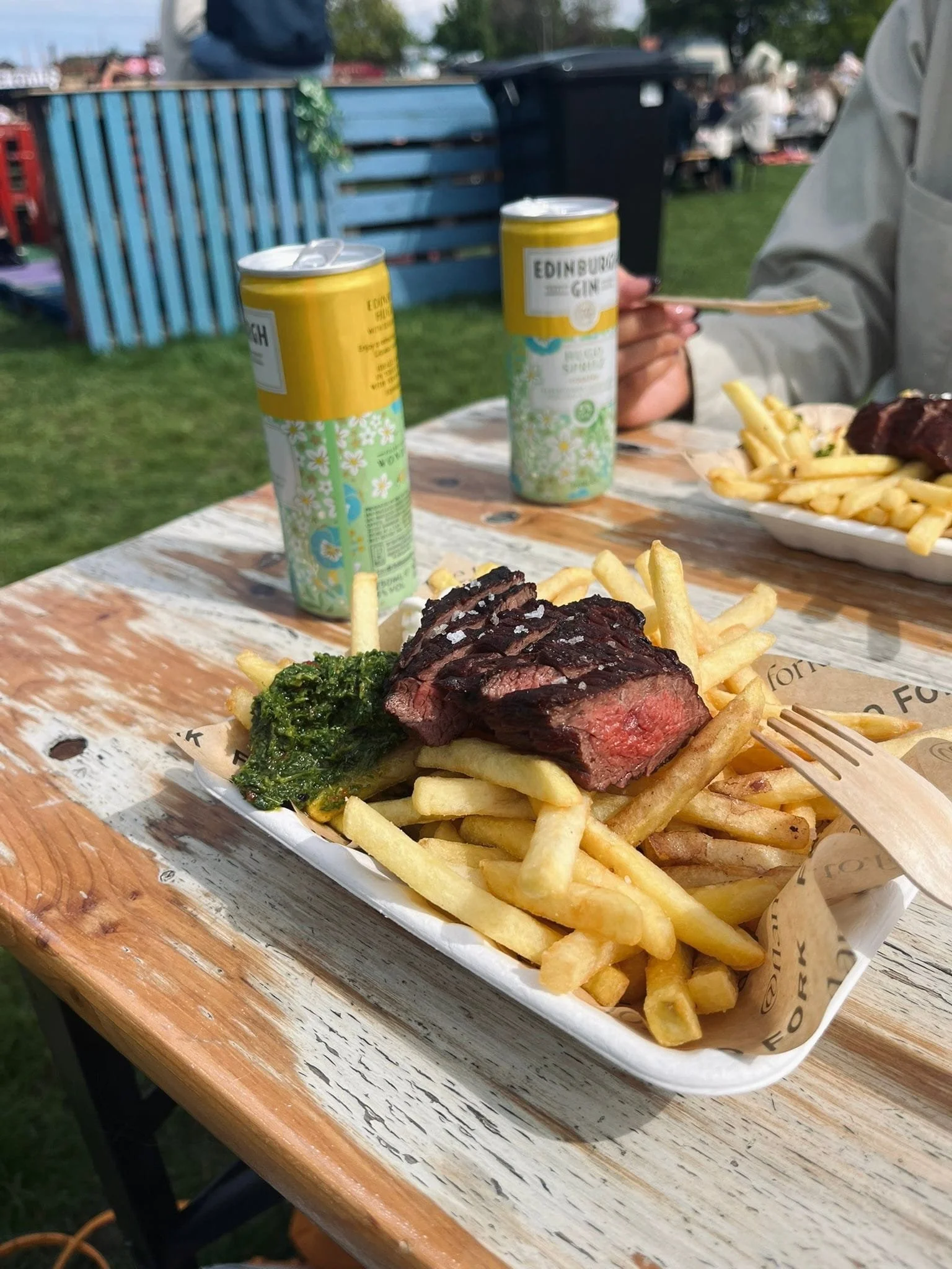 Grilled steak with chimichurri on fries in a paper tray on a rustic wooden table. Two cans of Edinburgh Gin nearby, with an outdoor picnic vibe.