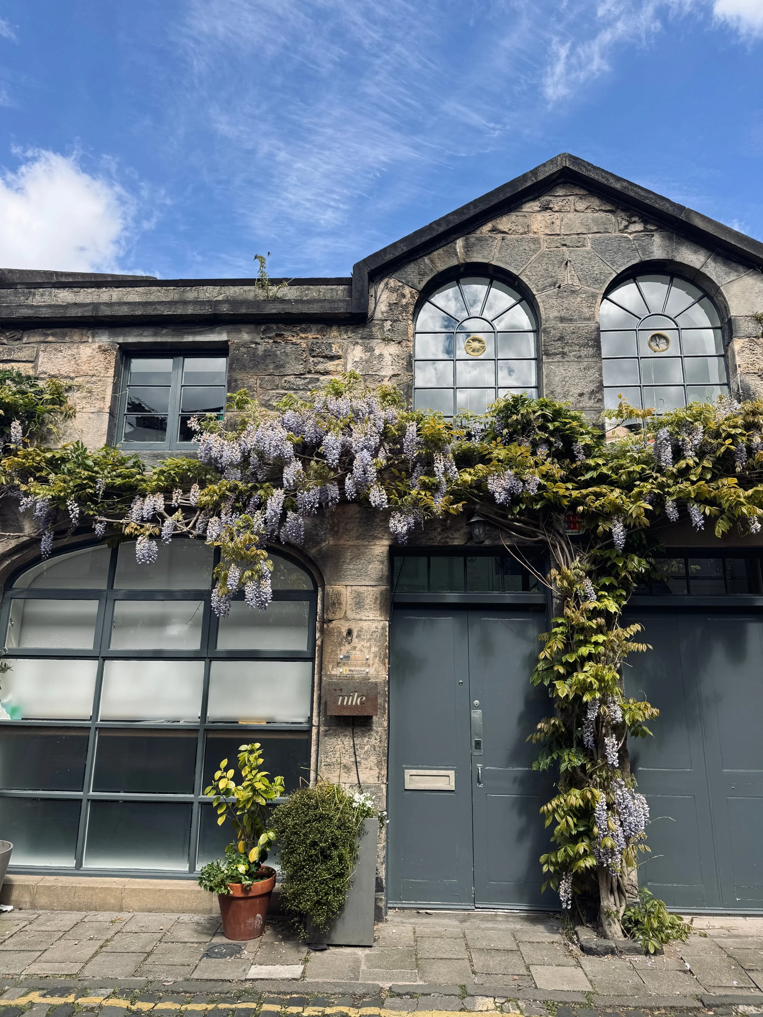 Stone building with arched windows covered in blooming wisteria vines under a bright blue sky. Potted plants on the cobblestone street add charm.