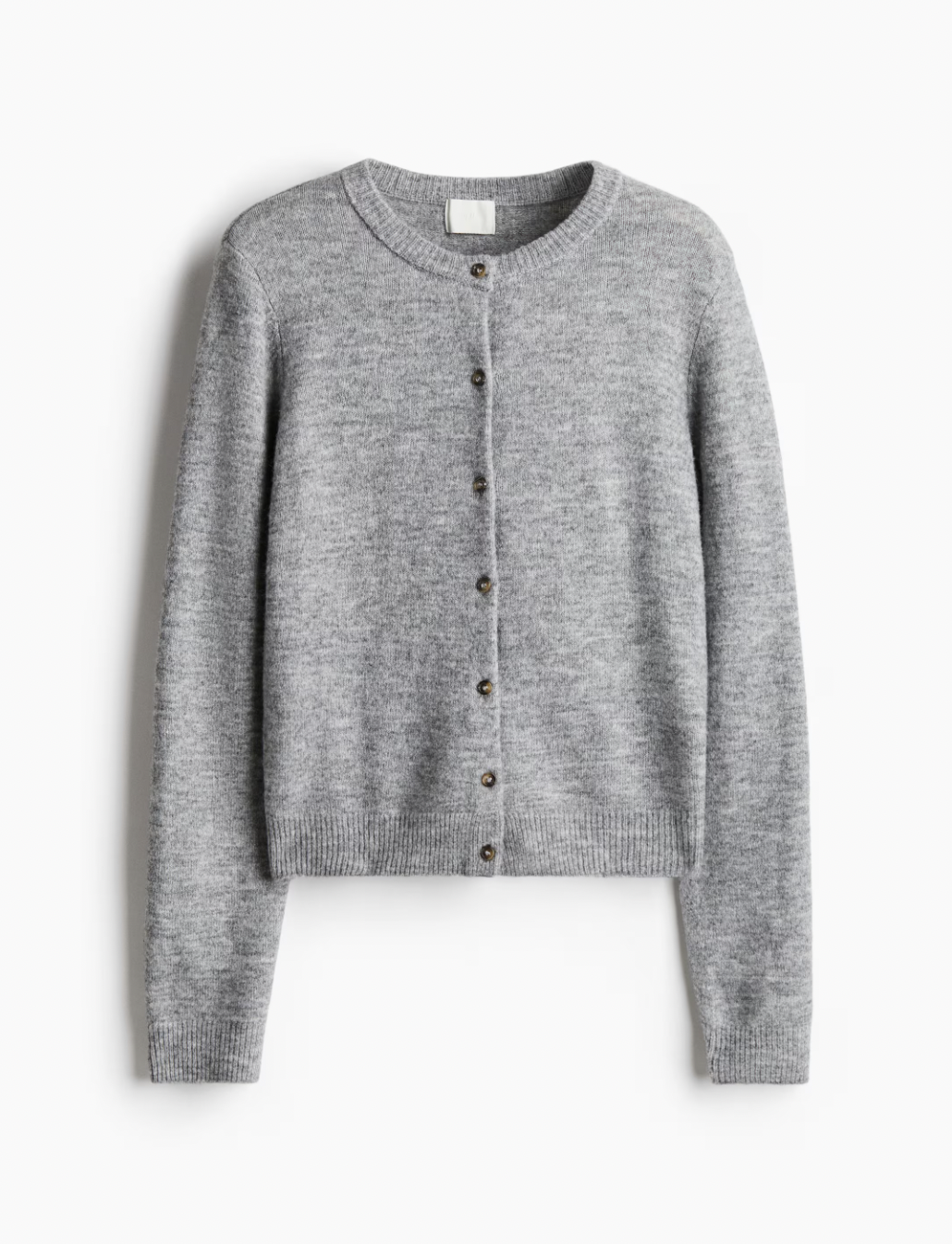 A gray knit cardigan with long sleeves and a row of small round buttons down the front, set against a white background. The tone is simple and cozy.