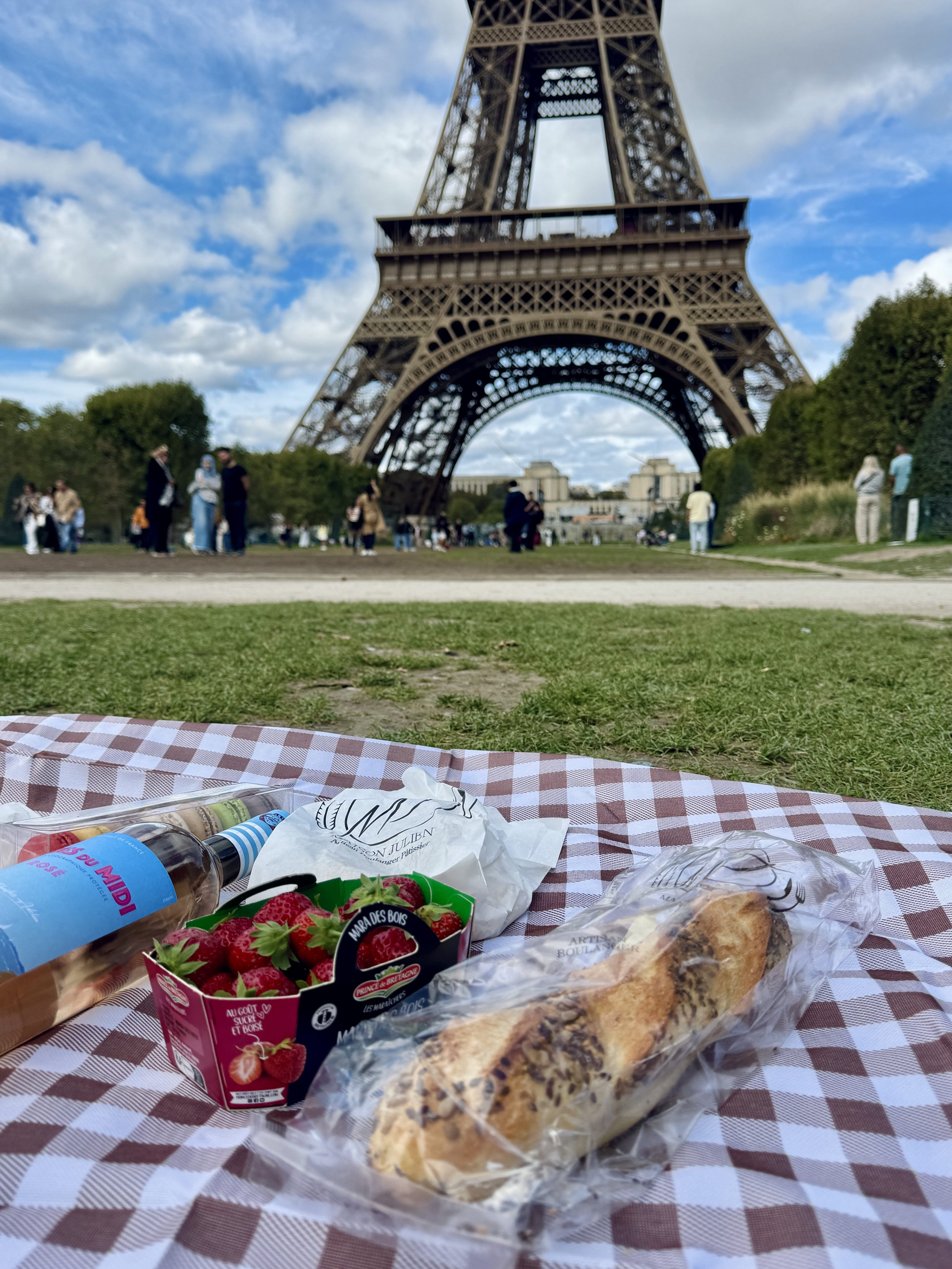 A picnic with baguettes and strawberries on a red-and-white checkered blanket beneath the Eiffel Tower, with visitors and a blue, cloud-filled sky creating a relaxed Parisian mood.