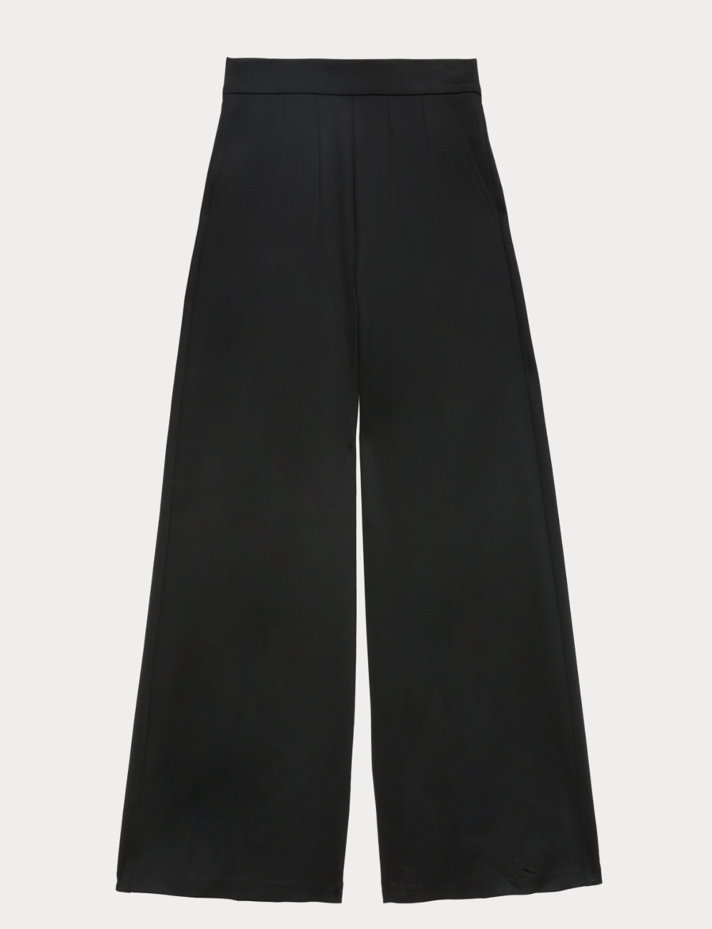 Wide-leg black trousers against a white background, featuring a high waist and pleated front. The style is elegant and minimalistic.