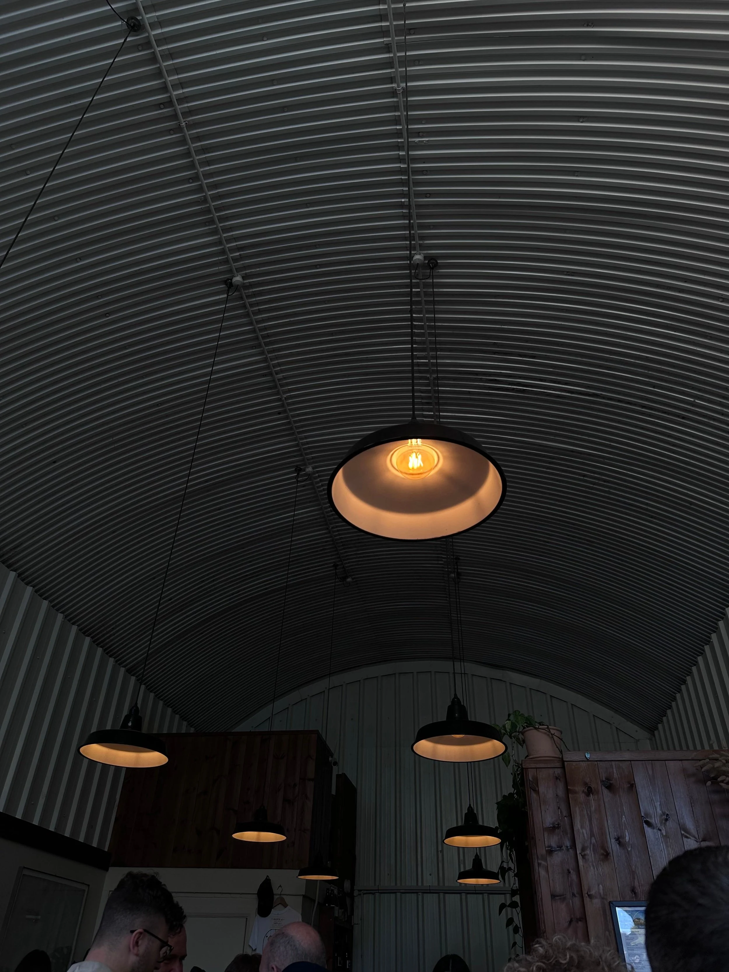 A dimly lit industrial setting with a corrugated metal ceiling featuring several hanging pendant lights. The scene is subdued, creating a cozy atmosphere below.