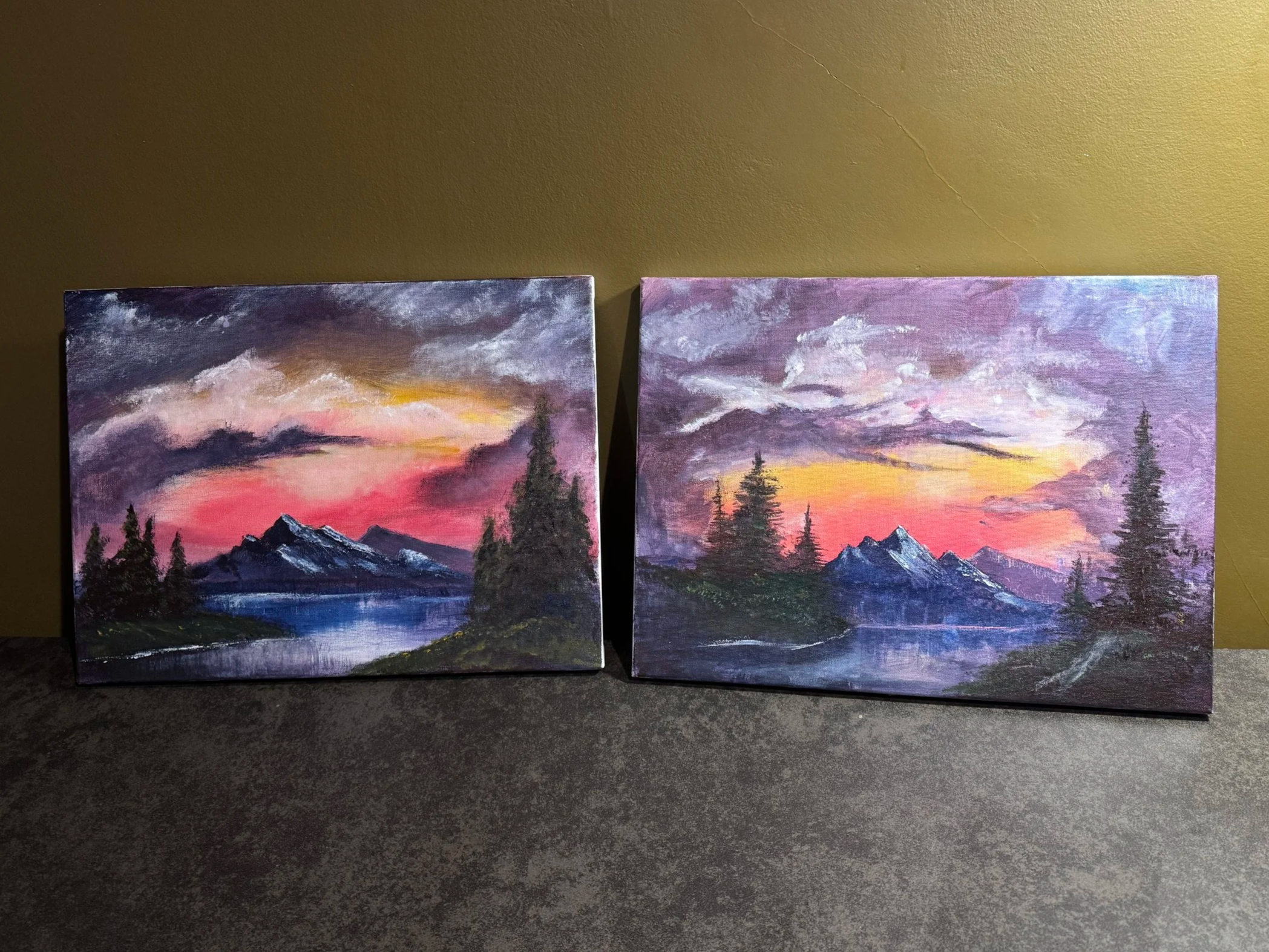 Two paintings of a mountain and trees, made from a Bob Ross tutorial
