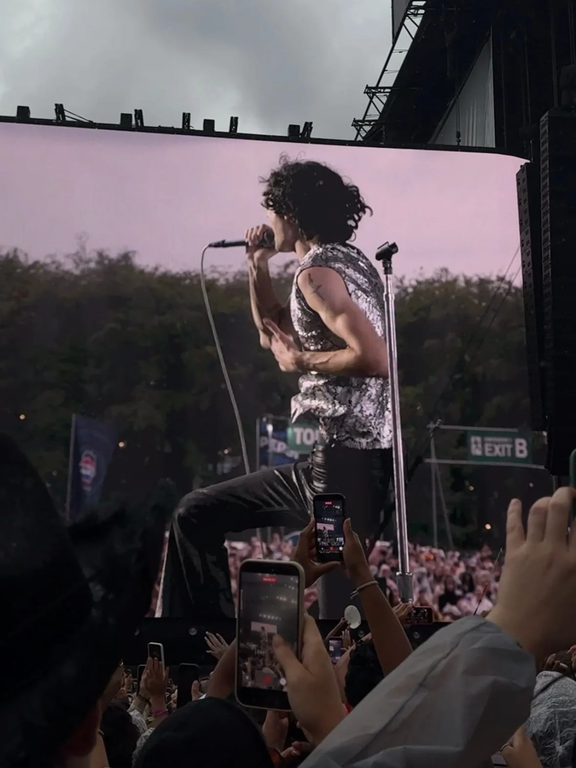 Sombr performs on an outdoor stage, gripping a microphone as a cheering crowd raises phones beneath a cloudy evening sky.