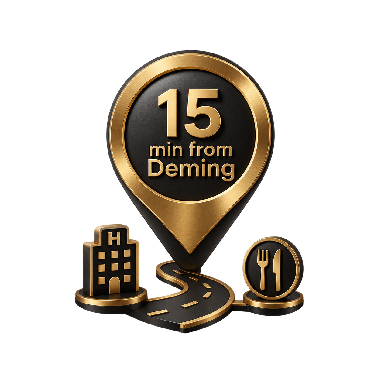 Ein goldener Standortmarker mit der Aufschrift "15 min from Deming" auf schwarzem Hintergrund. Darunter befindet sich eine kleine Hotel-Ikone, ein Straßenweg und eine Essensikone mit Gabel und Messer, alles in Schwarz und Gold gehalten.