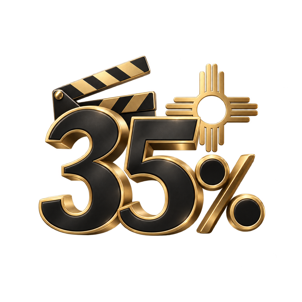 Goldene und schwarze 3,5% Rabatt-Symbole mit Filmklappe und einem Design-Element, das an eine Nachtschicht erinnert.