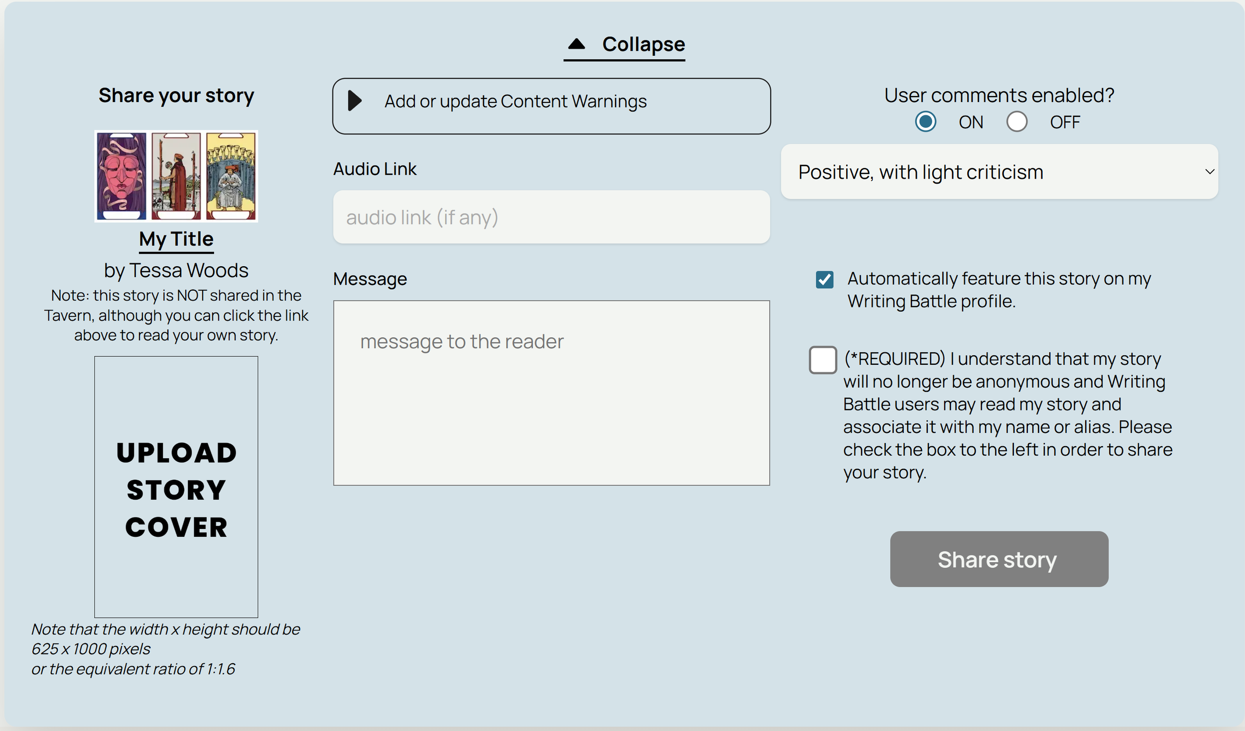 A preview of the sharing window in the Tavern, which is nearly identical to the share menu for Debrief.