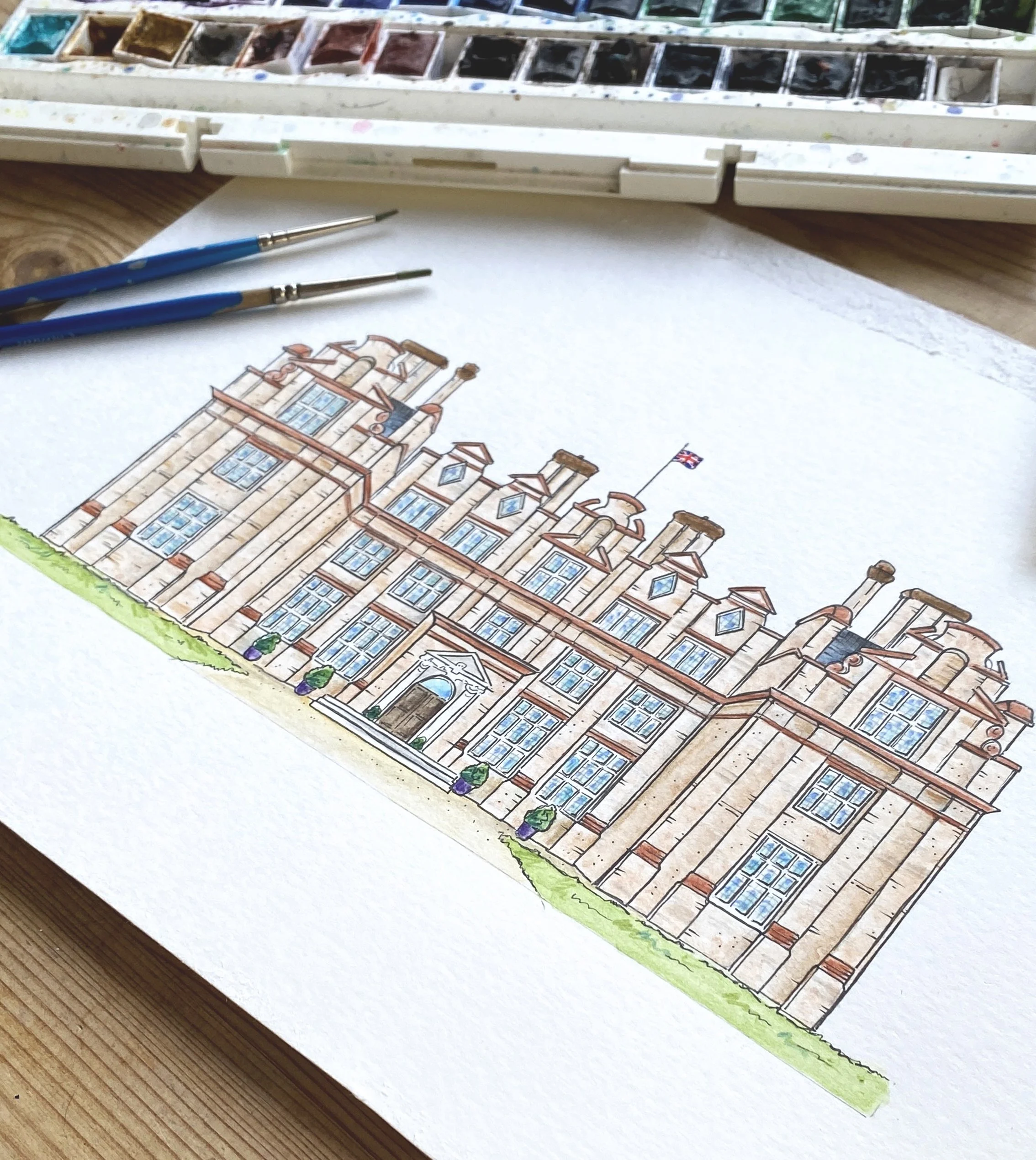 Watercolour and pen illustration of Broome Park hotel in Canterbury, drawn as part of a bespoke wedding invitation design