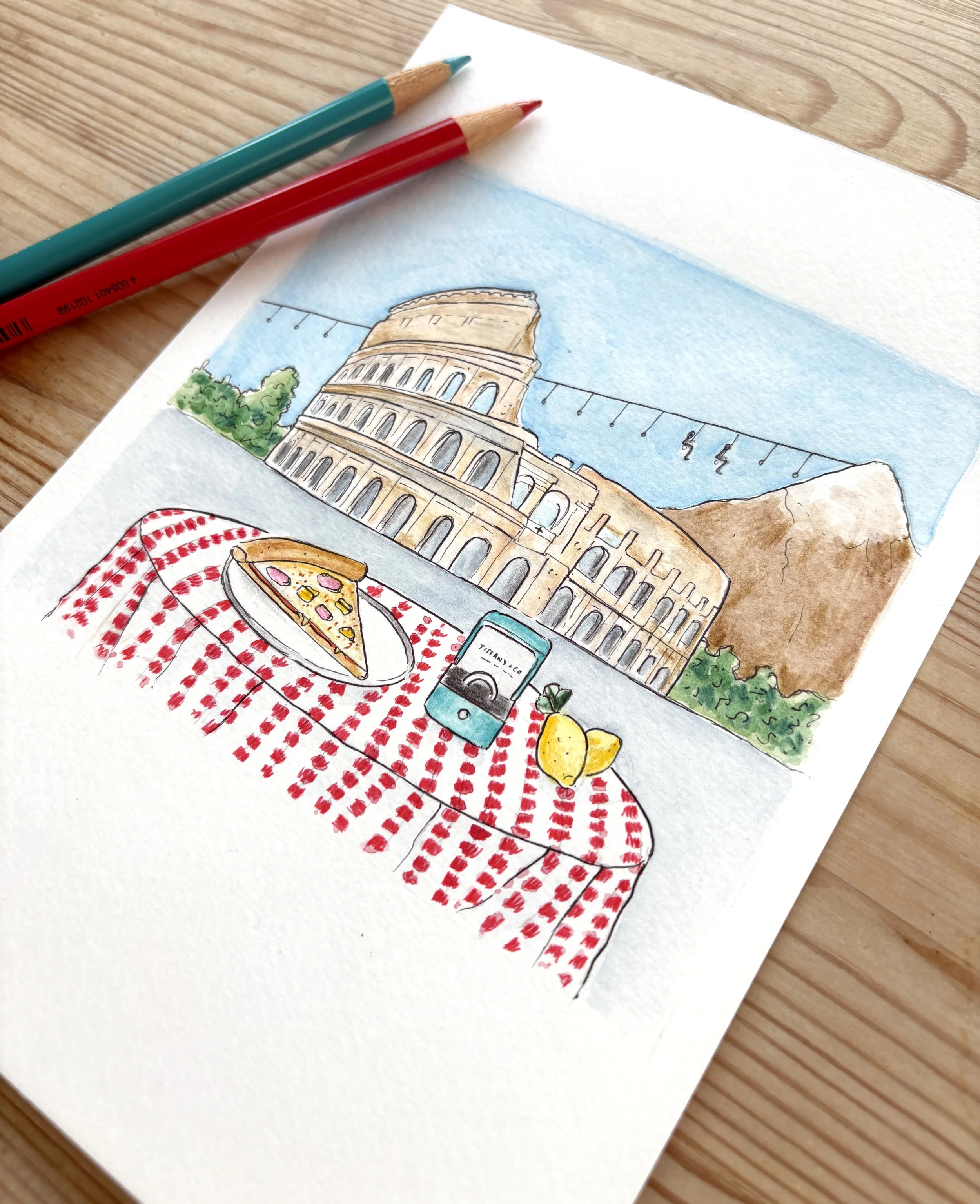 A watercolour scene depicting the moment a couple got engaged over pizza looking out at The Colosseum in Rome.