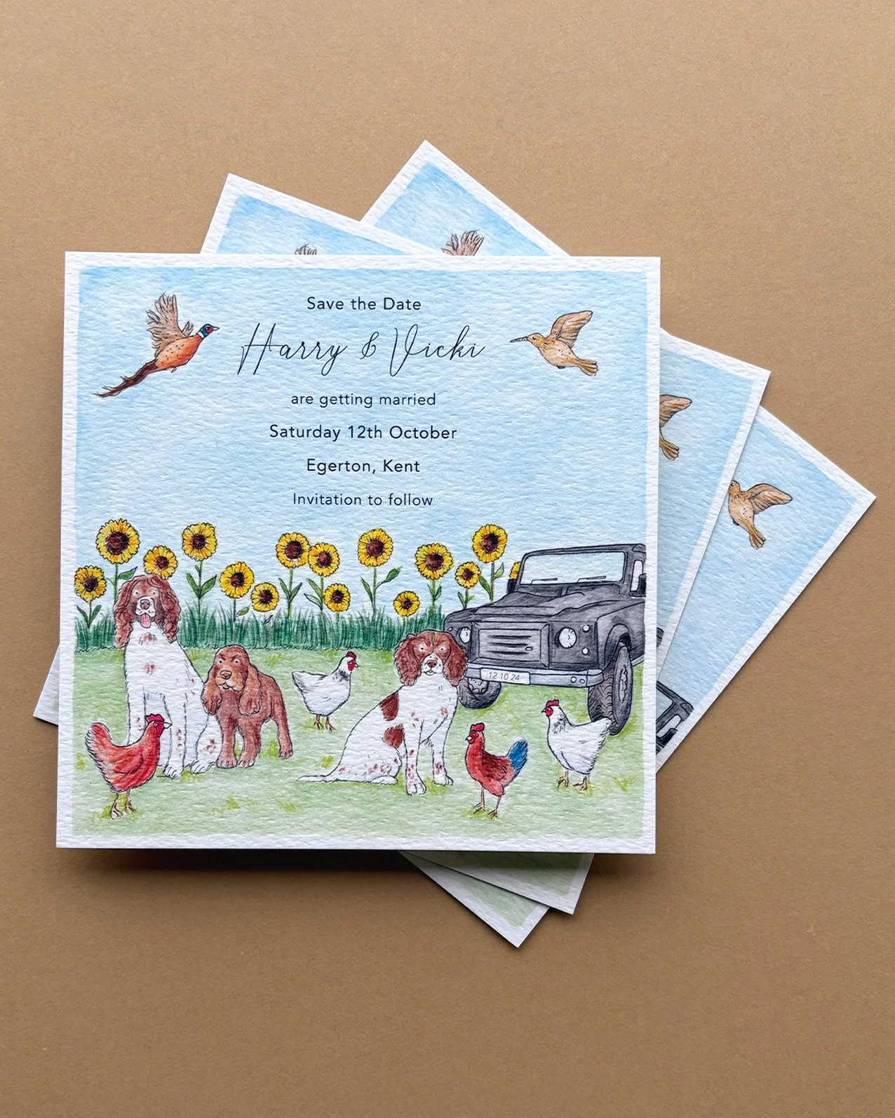 Vicki &amp; Harry - Save the Dates 🪶

It was an absolute pleasure designing these save the date for Harry &amp; Vicki

The design features watercolour illustrations of their beloved dogs, sunflowers, game birds, all personal touches to reflect them,