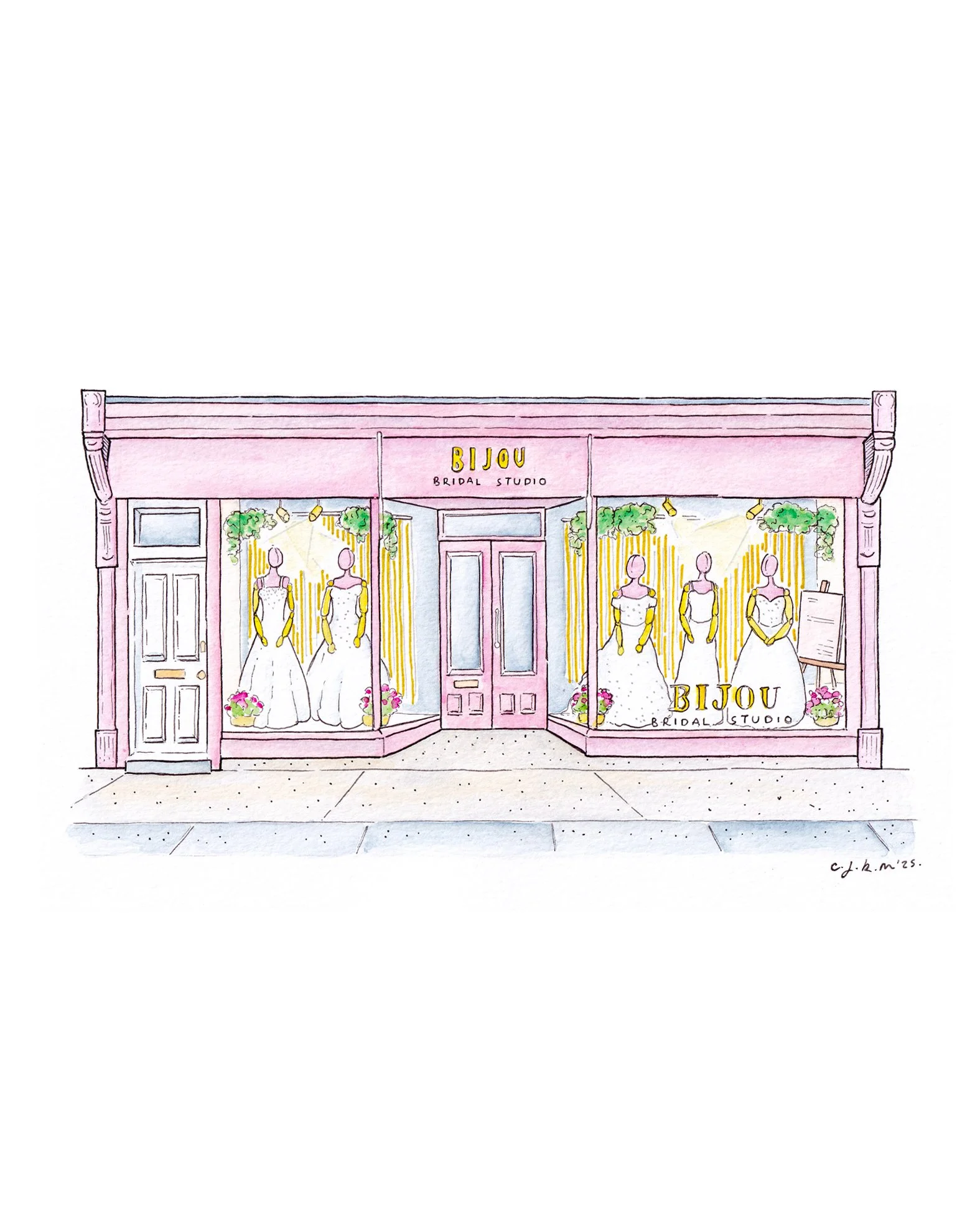 Bijou Bride 💕

Watercolour and pen illustration of @bijoubridalstudio new shop front in Faversham, a little gift to thank them for inviting me along to their open evening last week.

Working on this was a lot fun and nice to have a bit of a play and