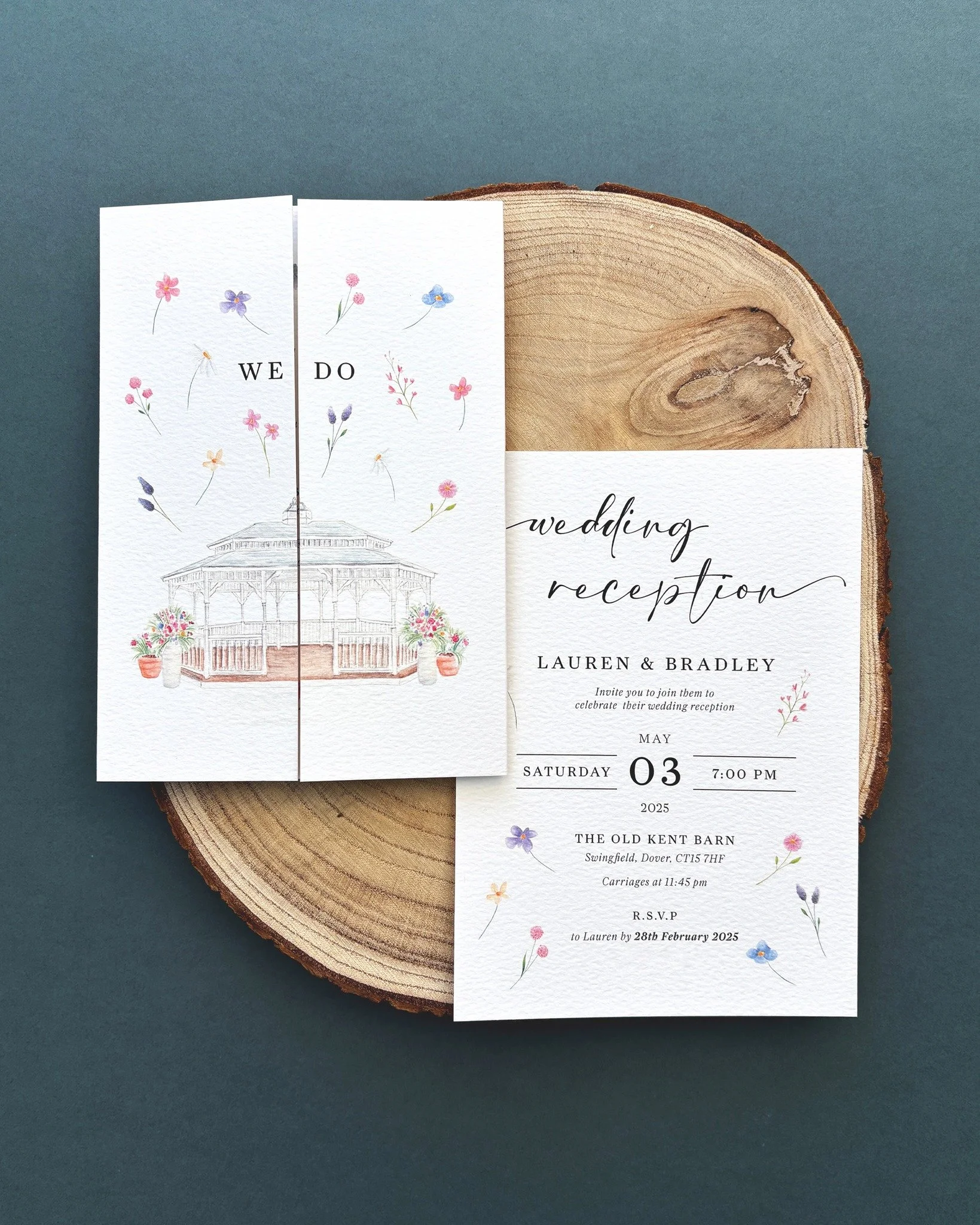 A huge congratulations to Lauren &amp; Bradley who tied the knot this weekend at the beautiful @theoldkentbarn 

I created these day &amp; evening invitations for them last year. The artwork of the flowers and bandstand, was drawn in a softer style t