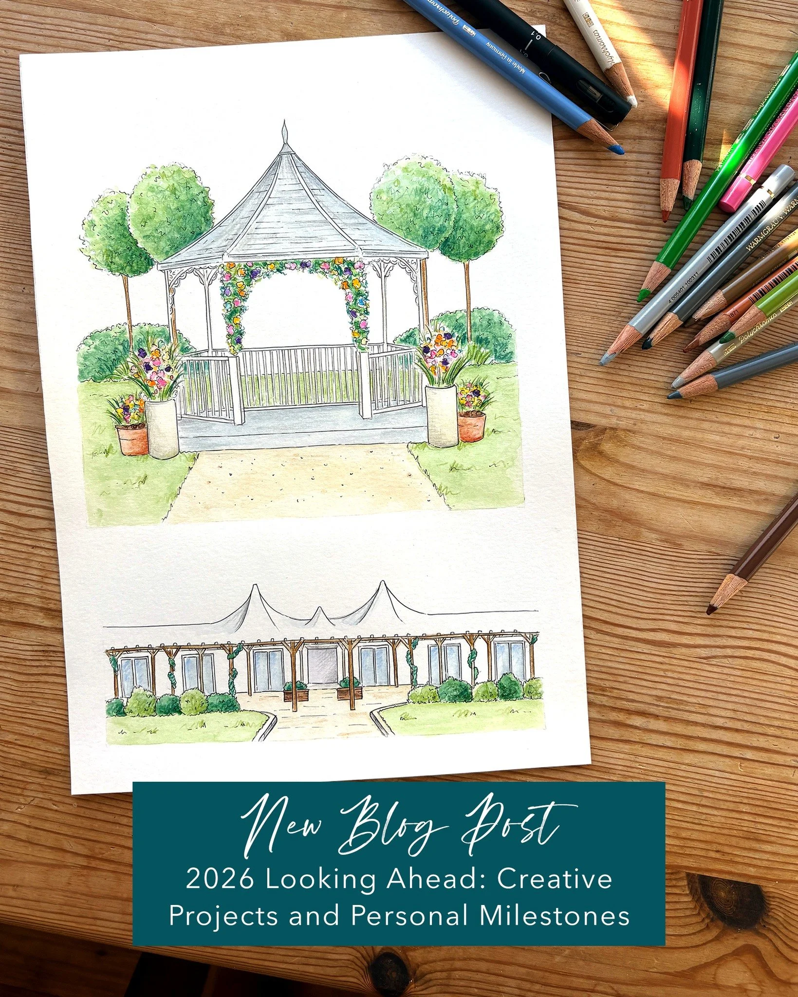 New year, new sketches! 🎨✨

I&rsquo;ve spent the morning looking back at the invitations I created for 2025, and now I&rsquo;m looking forward to a very eclectic 2026. My drawing board is going to be a mix of everything from elegant venue illustrati