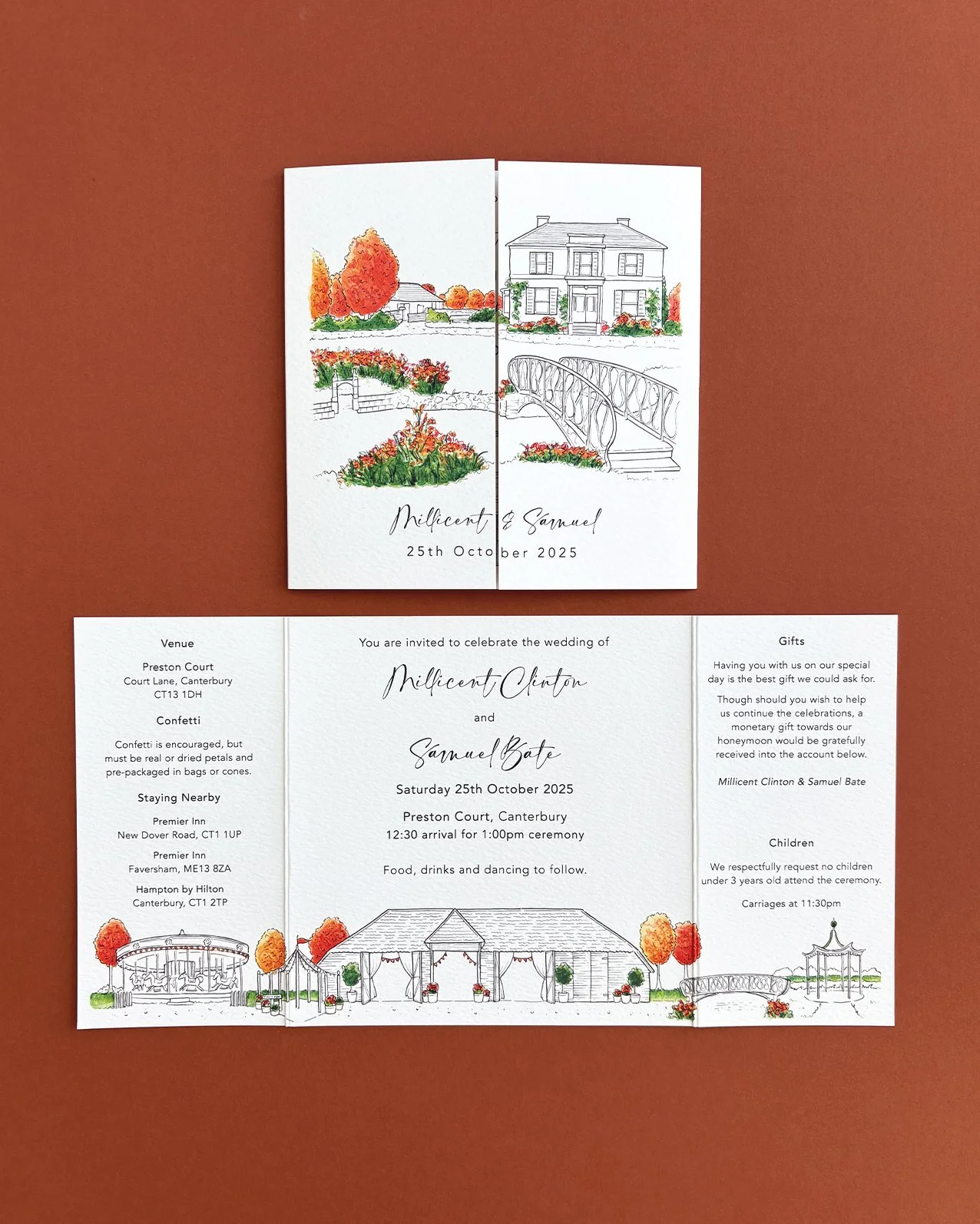 🍂 Millie &amp; Samuel's Autumnal Invitation Suite 🍁

I'm excited to share with you the wedding invitations created for Millie and Samuel, who recently tied the knot.

The design captures the charm of their venue, @prestoncourtweddingvenue  in Cante