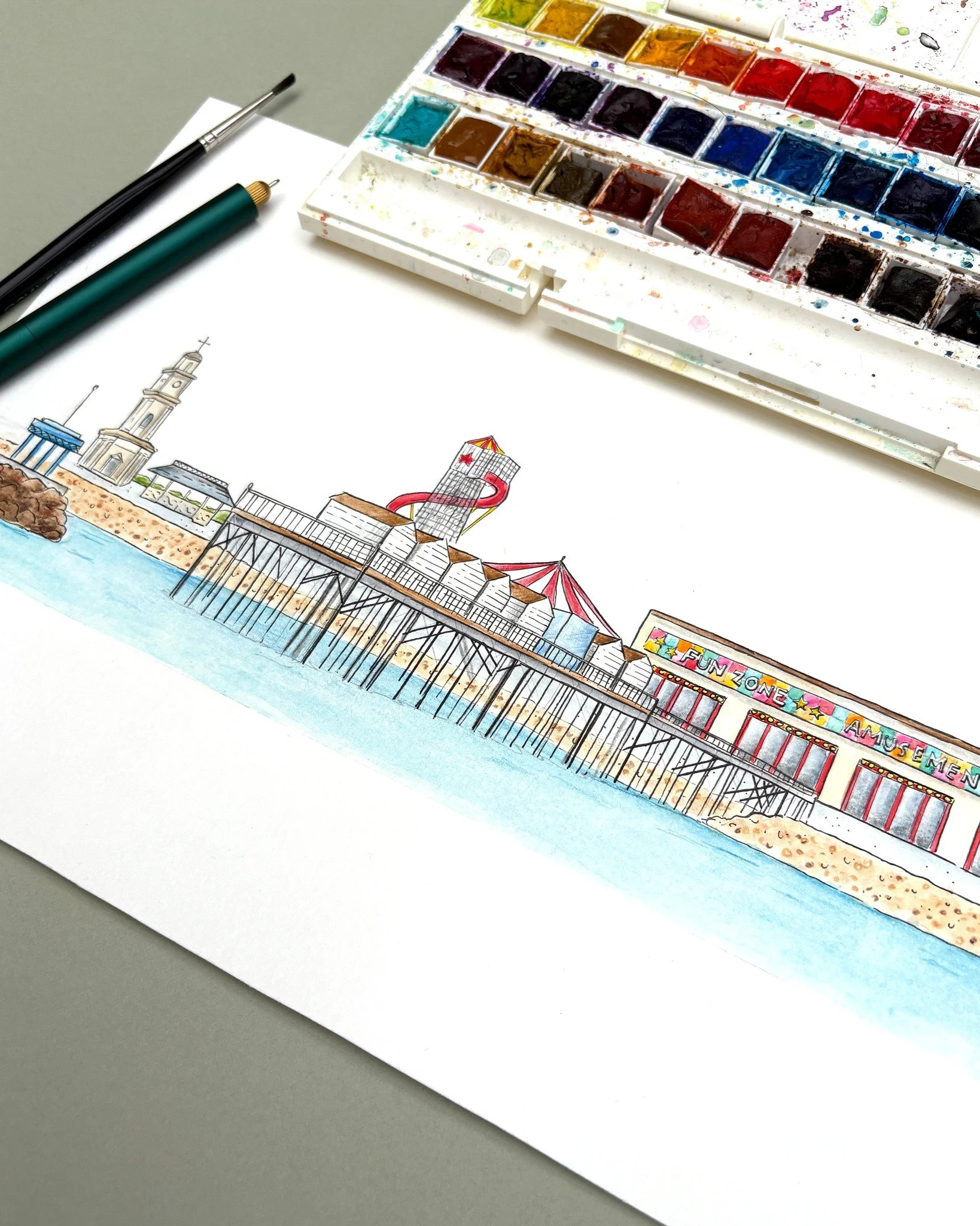 A splash of Herne Bay for a local couple!

This commission was all about capturing the places that mean "home" to them. Paul &amp; Anna love spending their free time at their beach hut and swimming in the sea, so they wanted to capture the 