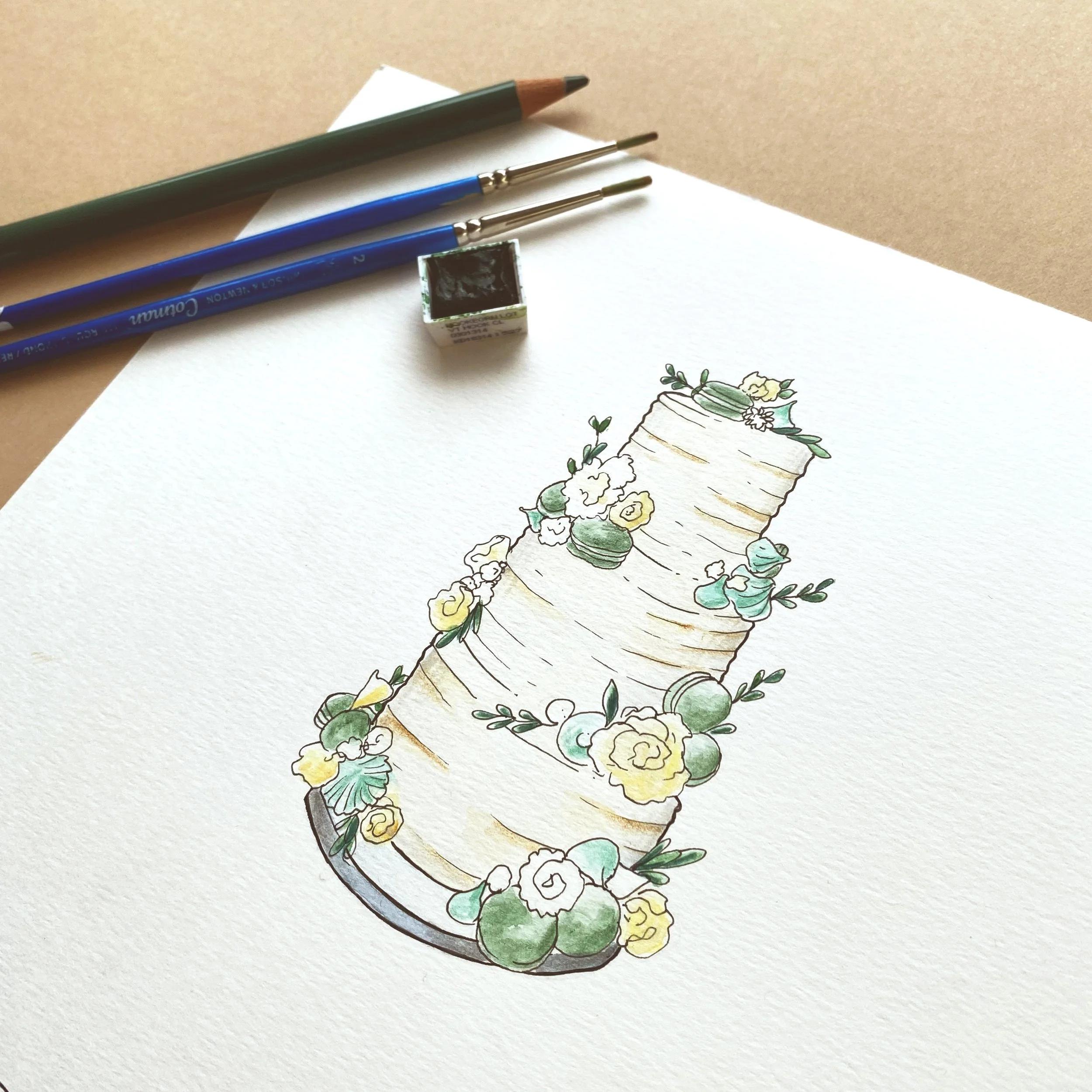 A watercolour, pen and pencil illustration of a couples wedding cake for their timeline, drawn to match the details of the cake they will be having on the day, including flowers and macarons