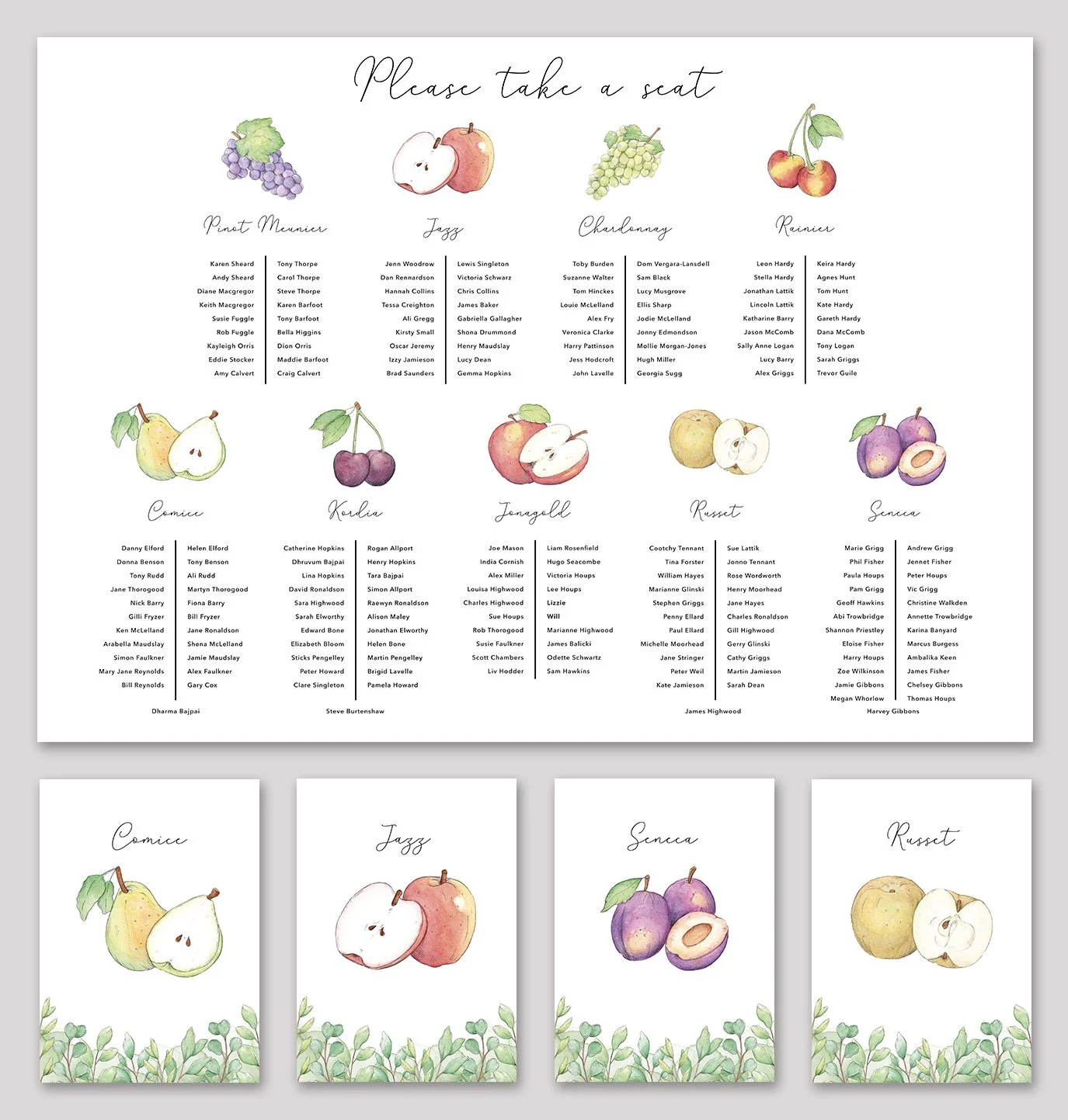 The final digital designs for the fruit table plan and name signs I created to match