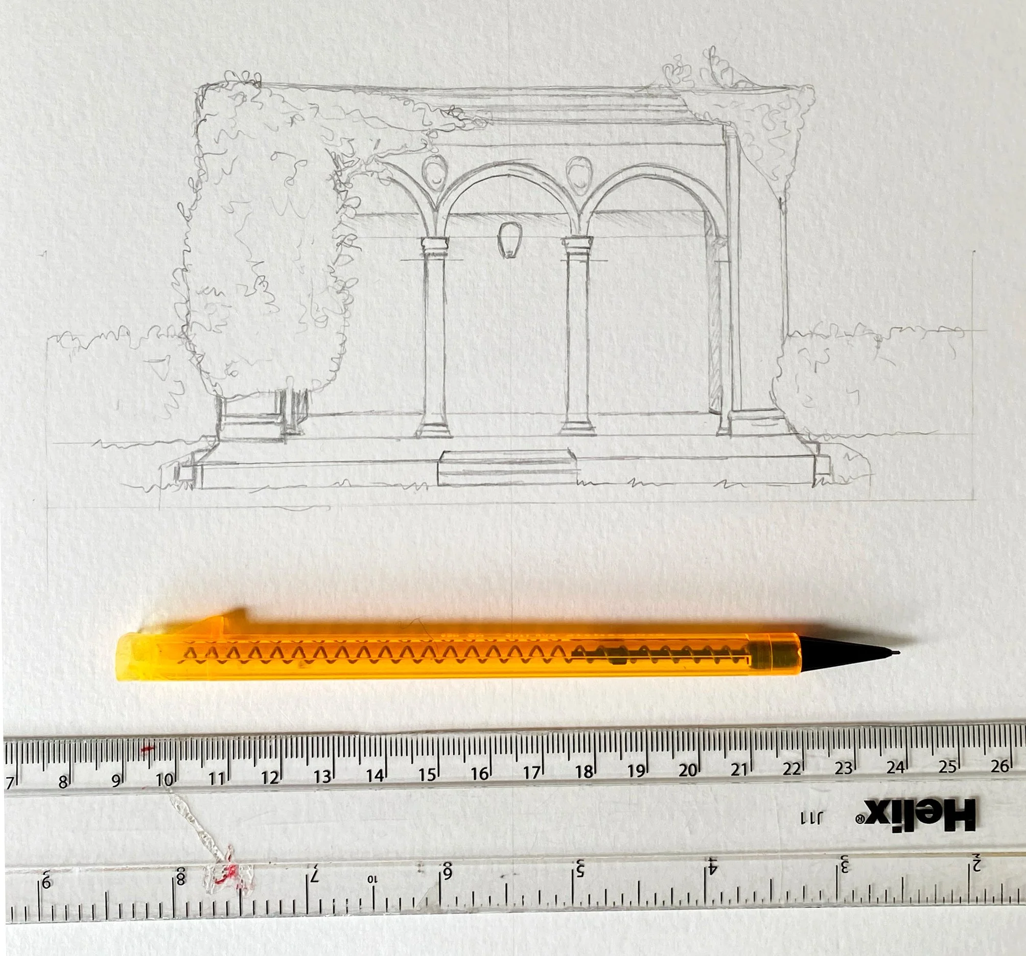 Initial pencil sketch of the loggia located in the Italian gardens at Broome Park Canterbury