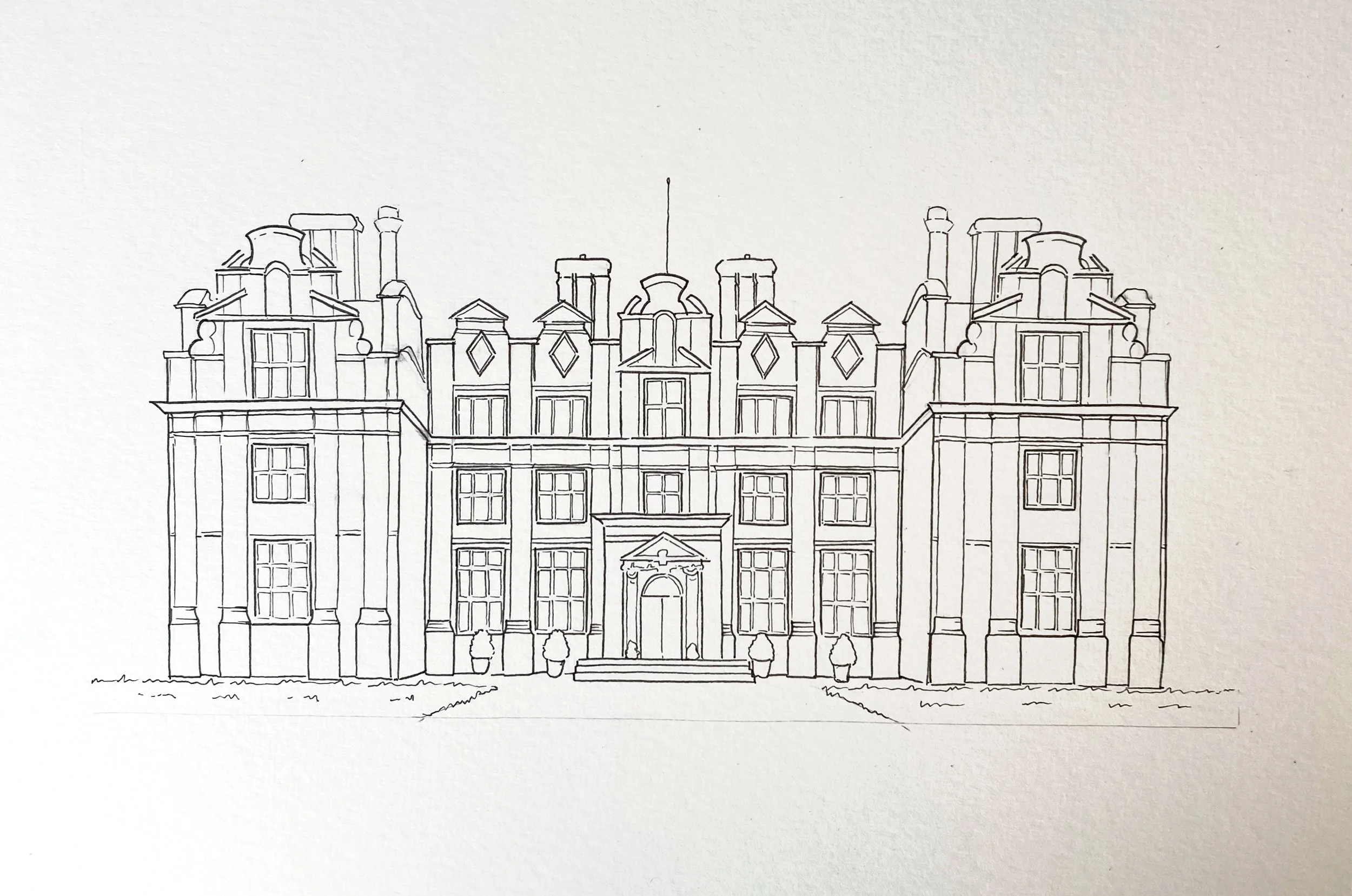 Inking in the details of the main building at Broome Park, one I was happy with the scale, perspective and symmetry of my initial sketch