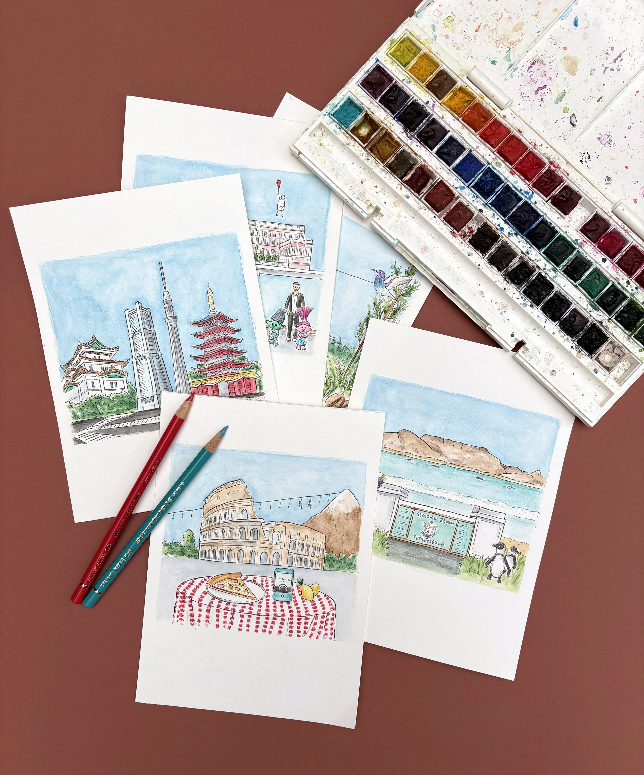 A selection of finished scene illustrations for a couples travel themed wedding table plan, showing Rome, Cape Town, Tokyo, Stockholm and Costa Rica.