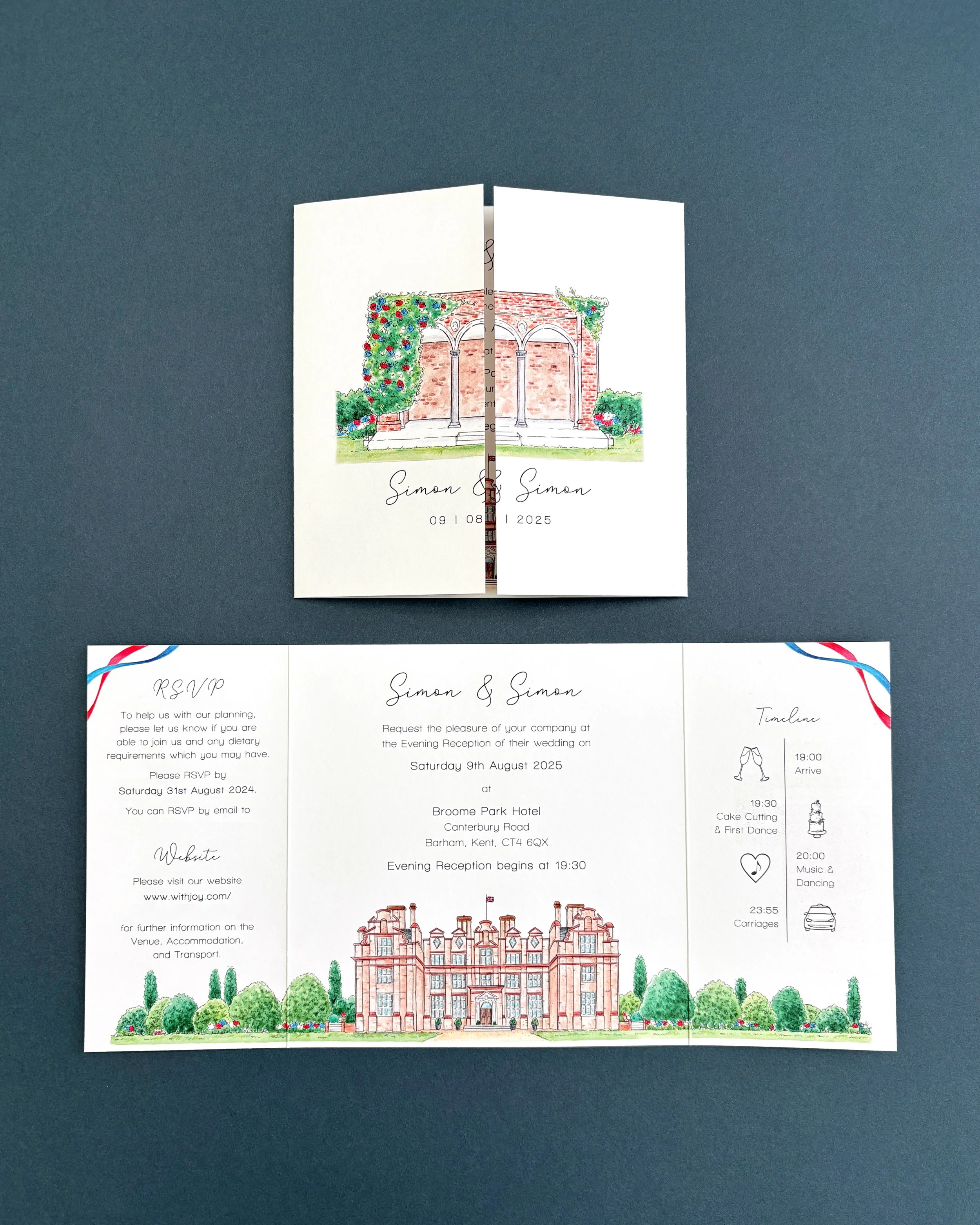 Gate-fold wedding invitation featuring two views of Broome Park, the gardens on the outside and the main hotel inside, with the guest information and timeline of the day