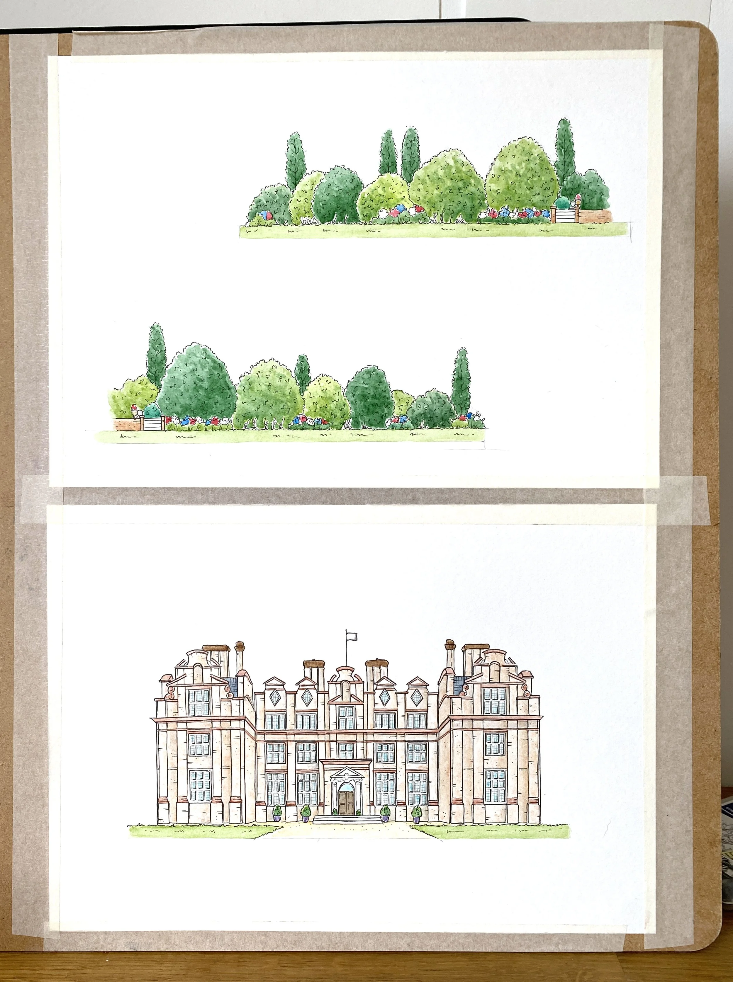 Process shot I sent to the clients during the process of illustrating Broome Park and the grounds for their wedding invitations, introducing blue and red flowers to the ground to match their wedding colour scheme.