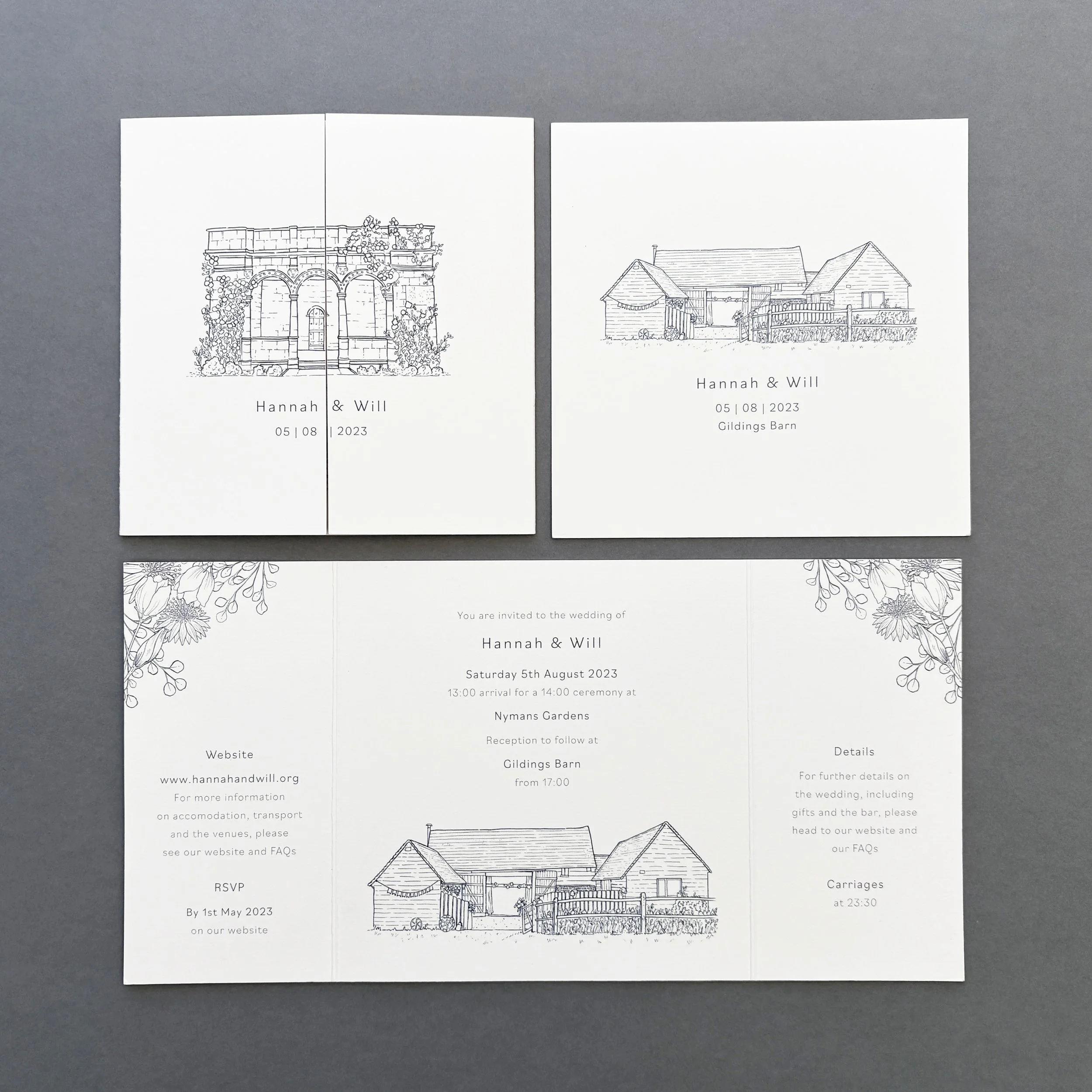 Gate-fold wedding invitation design and event invite, featuring line illustrations of Nymans gardens and Gildings Barn, the two venue for the couples special day