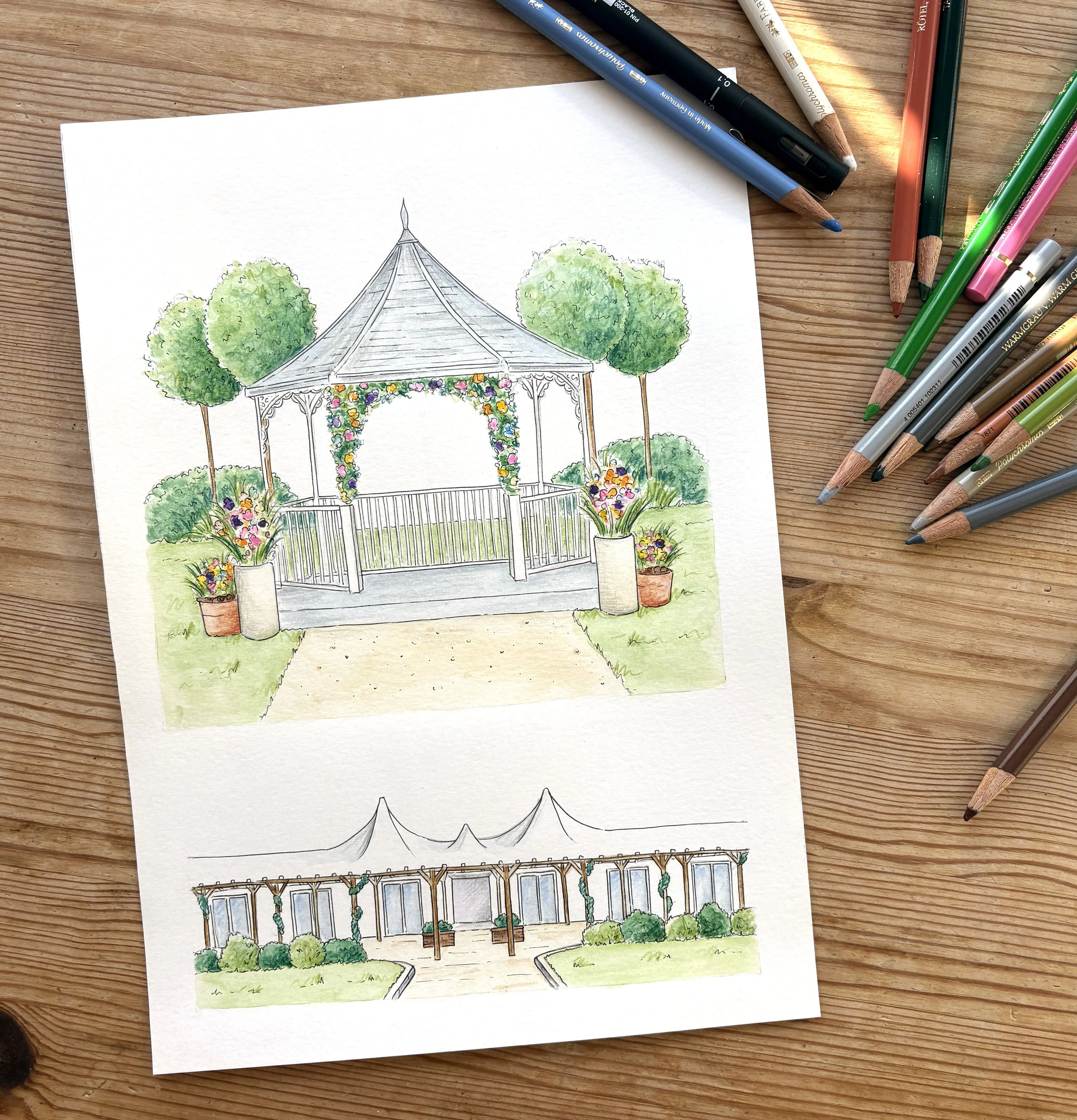 Watercolour illustration of the ceremony space and marquee area at the Barn Yard, Upchurch Kent drawn as part of a wedding invitation design
