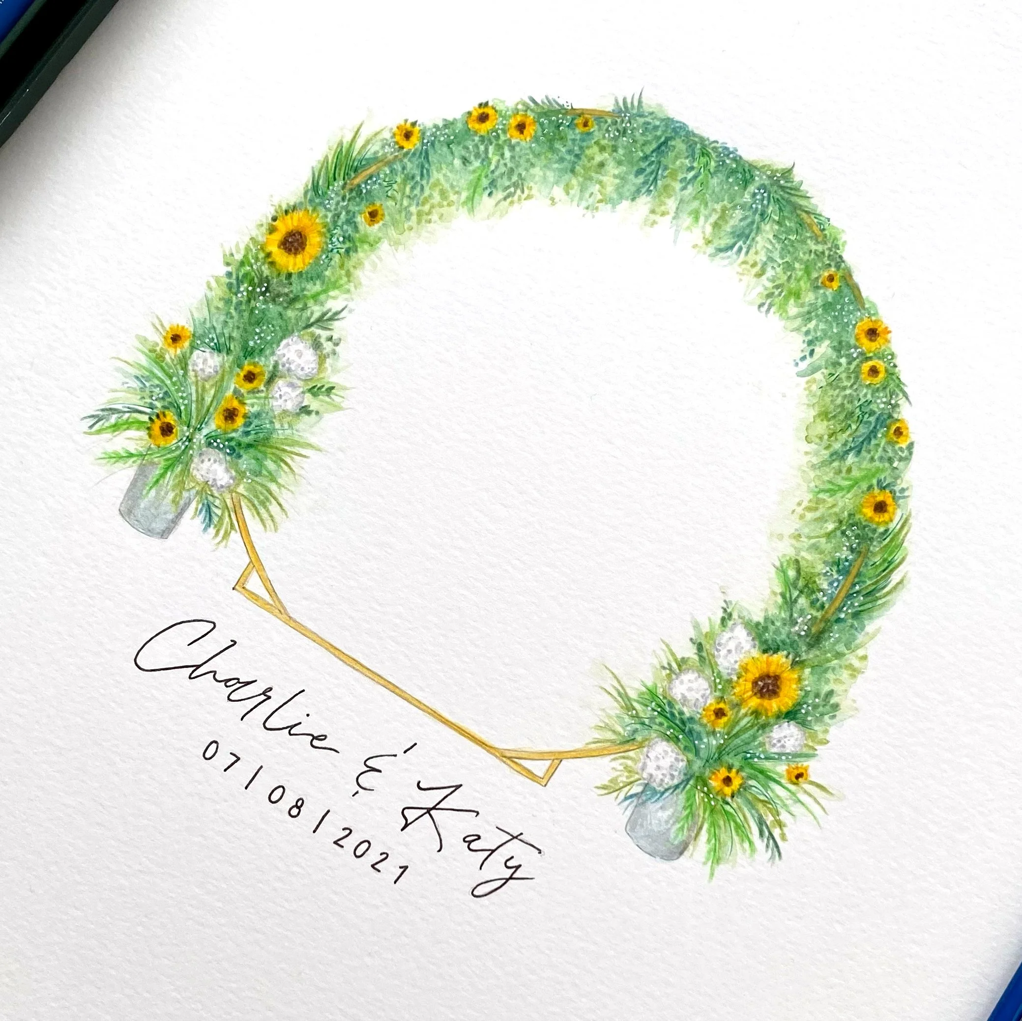 Watercolour and pencil illustration of a flower arch, given to a couple as a wedding present