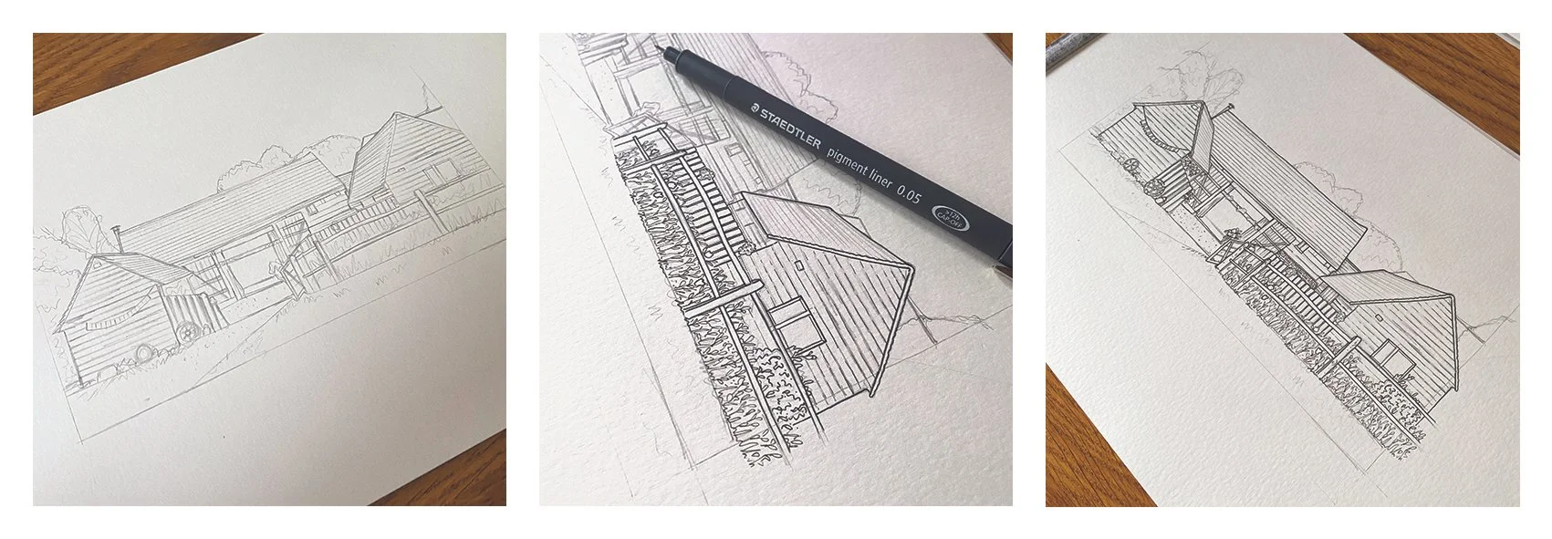 Image showing the different stages of creating a line illustration of a barn wedding venue to be used as part of an invitation design