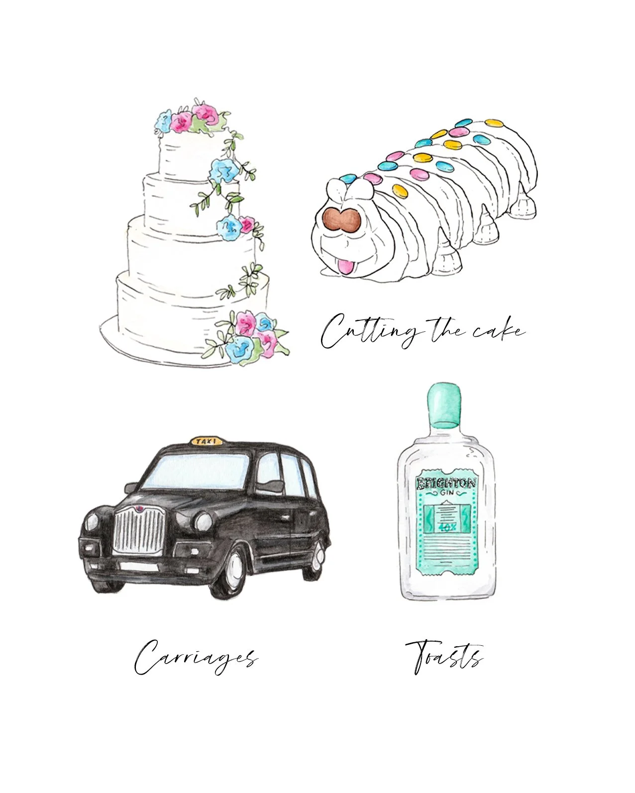 Image showing some different icon examples that I've created for couples to make their timeline their own, including caterpillar cakes, black cabs and Brighton gin for the wedding toast