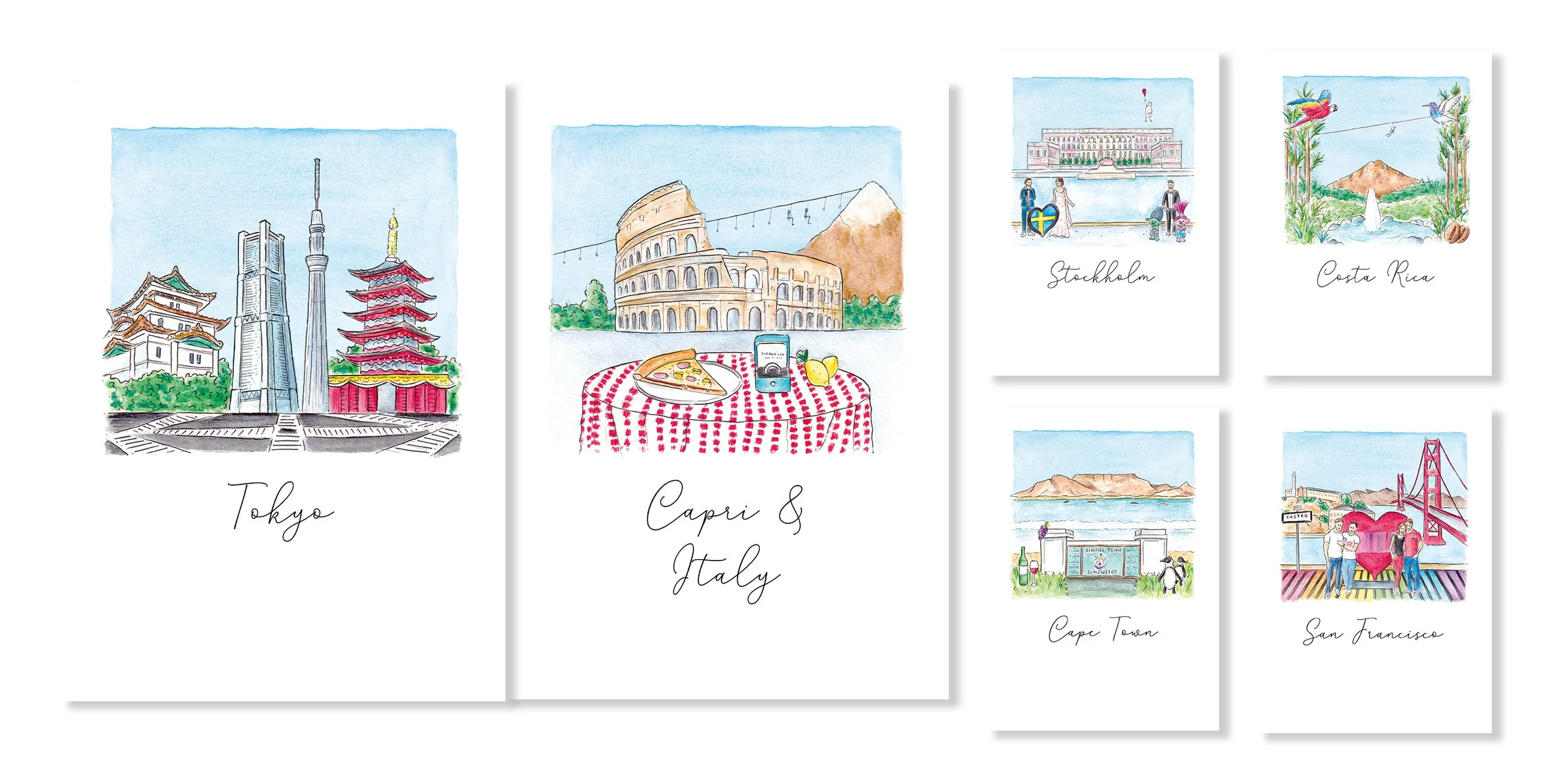 Digital print files showing a selection of travel themed wedding table name signs, featuring watercolour scene illustrations for each destination