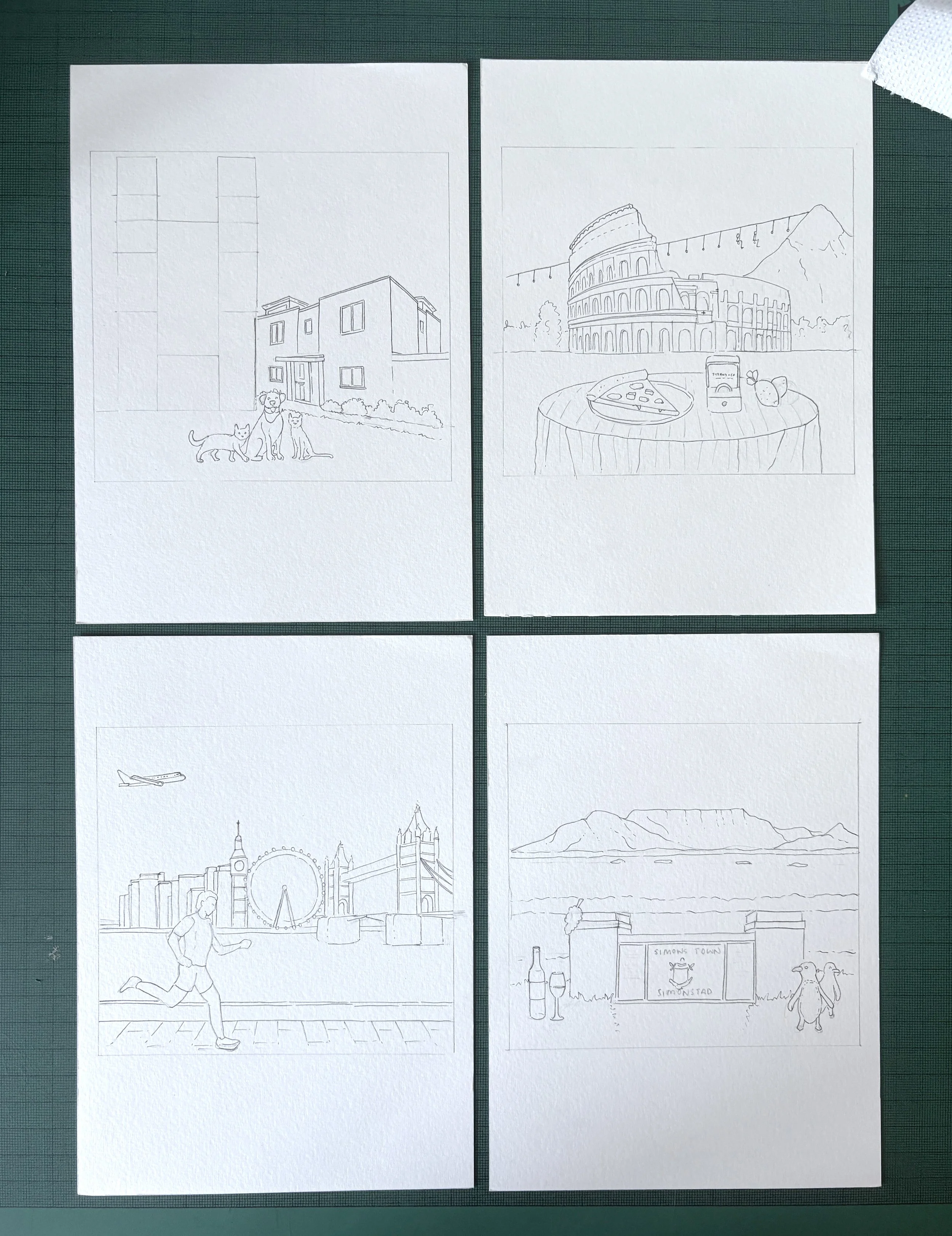 Photo showing a selection of the scene, having been sketched out in pencil and their initial outlines added in thin fine liner.