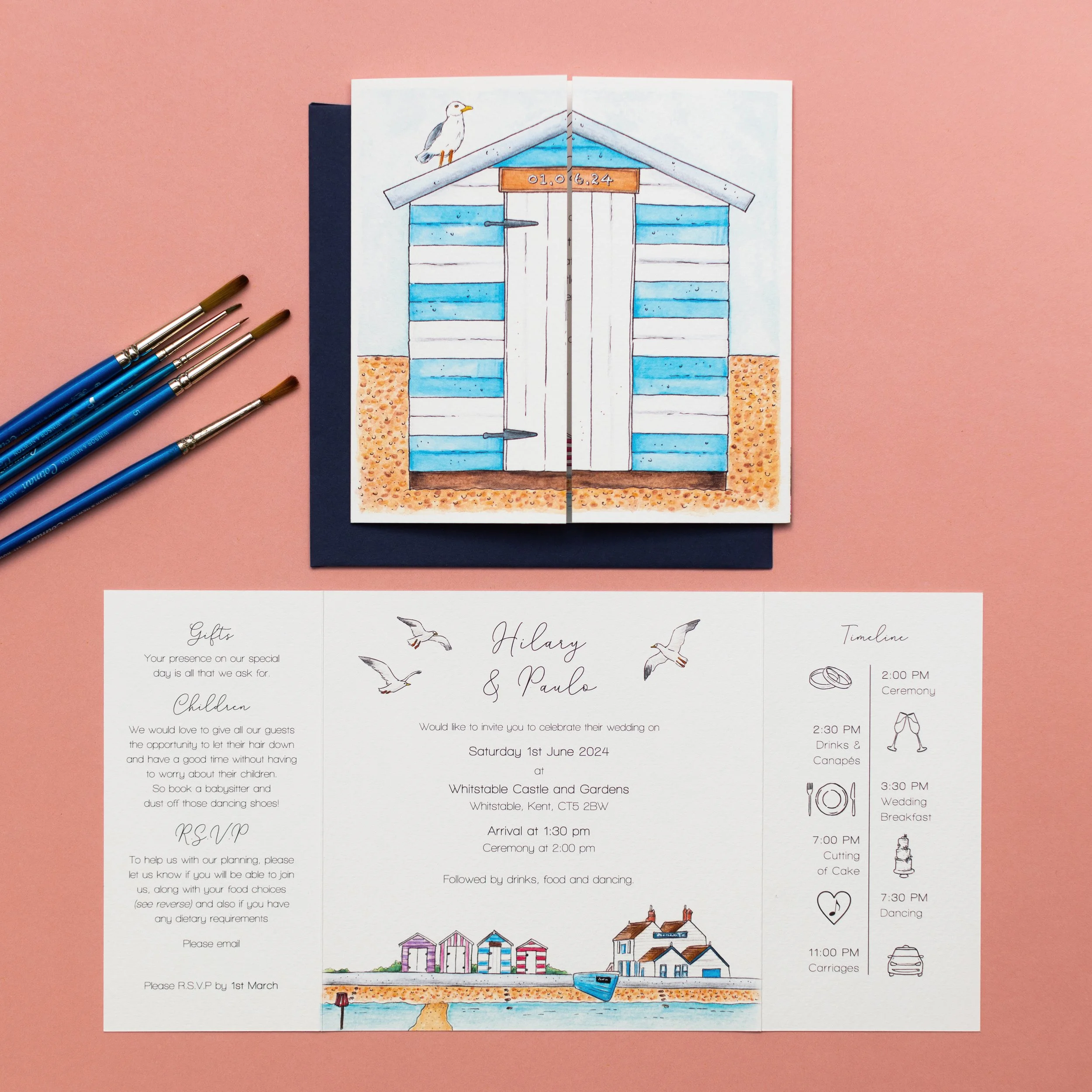 Photograph of a wedding invitation, showing it closed with a beach hut illustration on the outside and open with the guest information and a timeline on the inside
