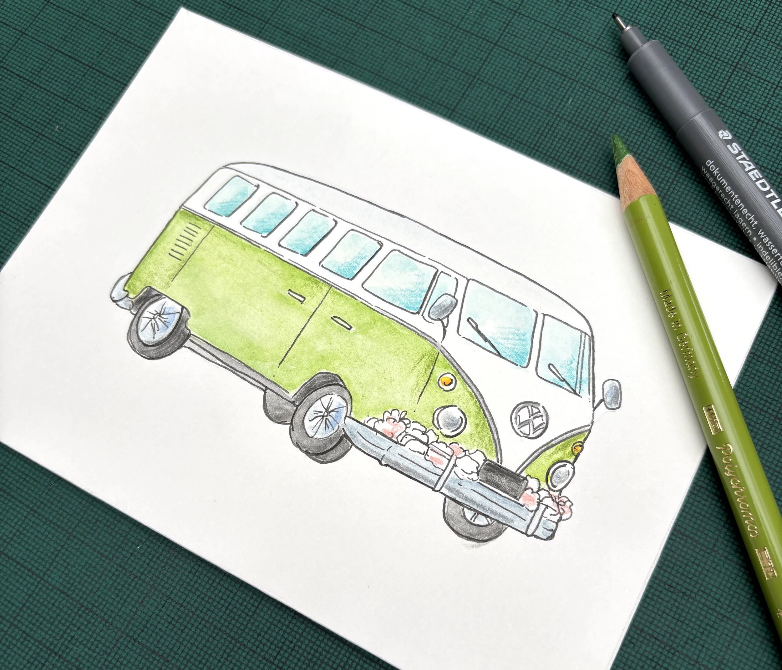 An illustration of a classic VW Camper van for a couple wedding timeline to represent carriages at the end of the night