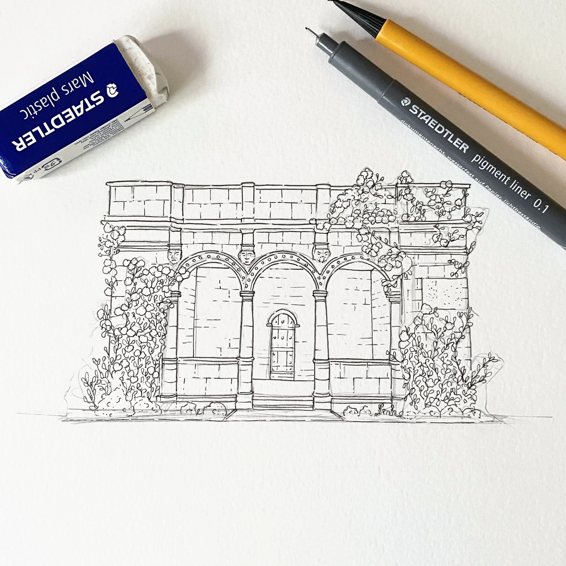 Line illustration of the beautiful wedding ceremony space in Nymans gardens, drawn using fine liner