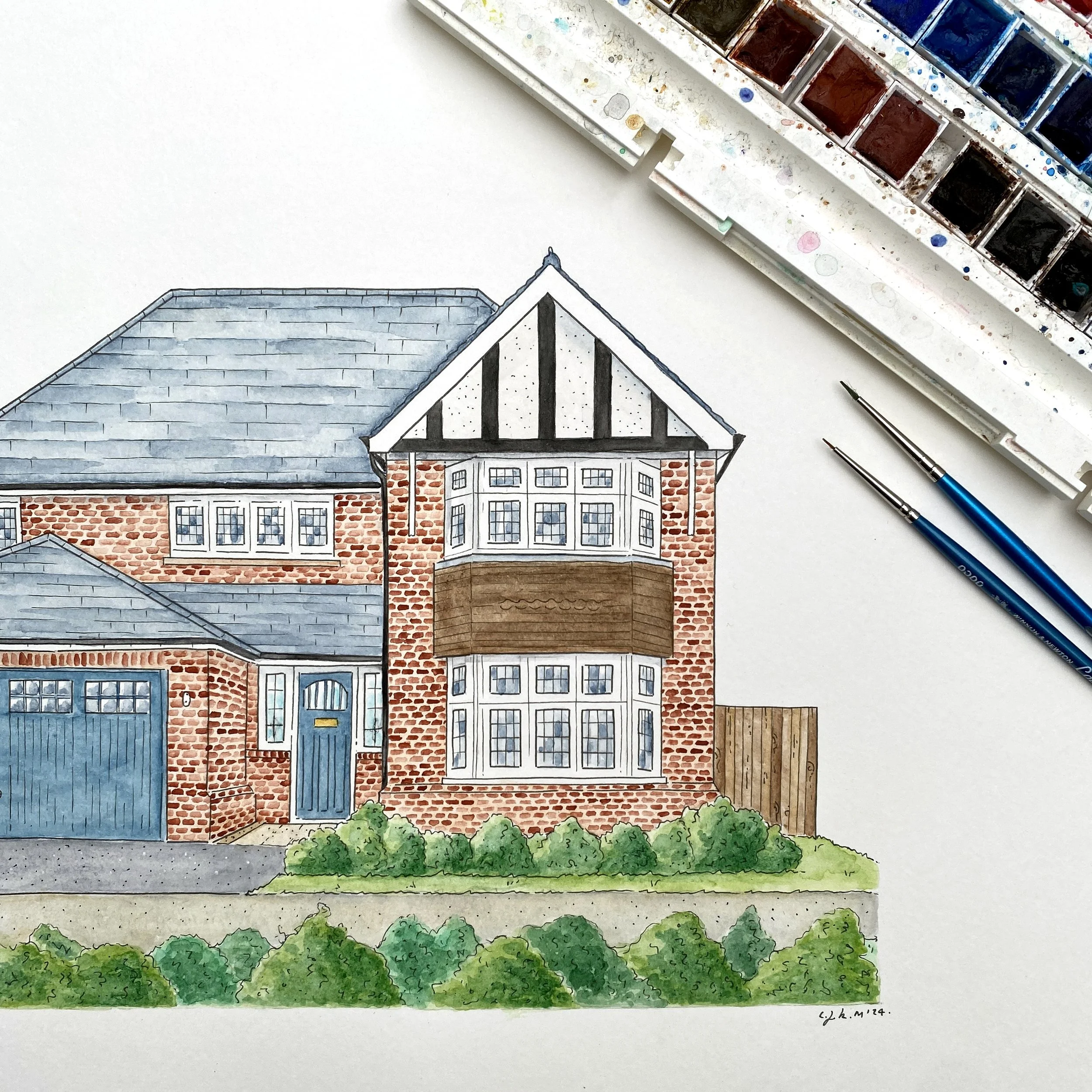 Watercolour and fine liner illustration of a home, given as a gift when they moved into their new home, featuring lots of detailed brick painting.