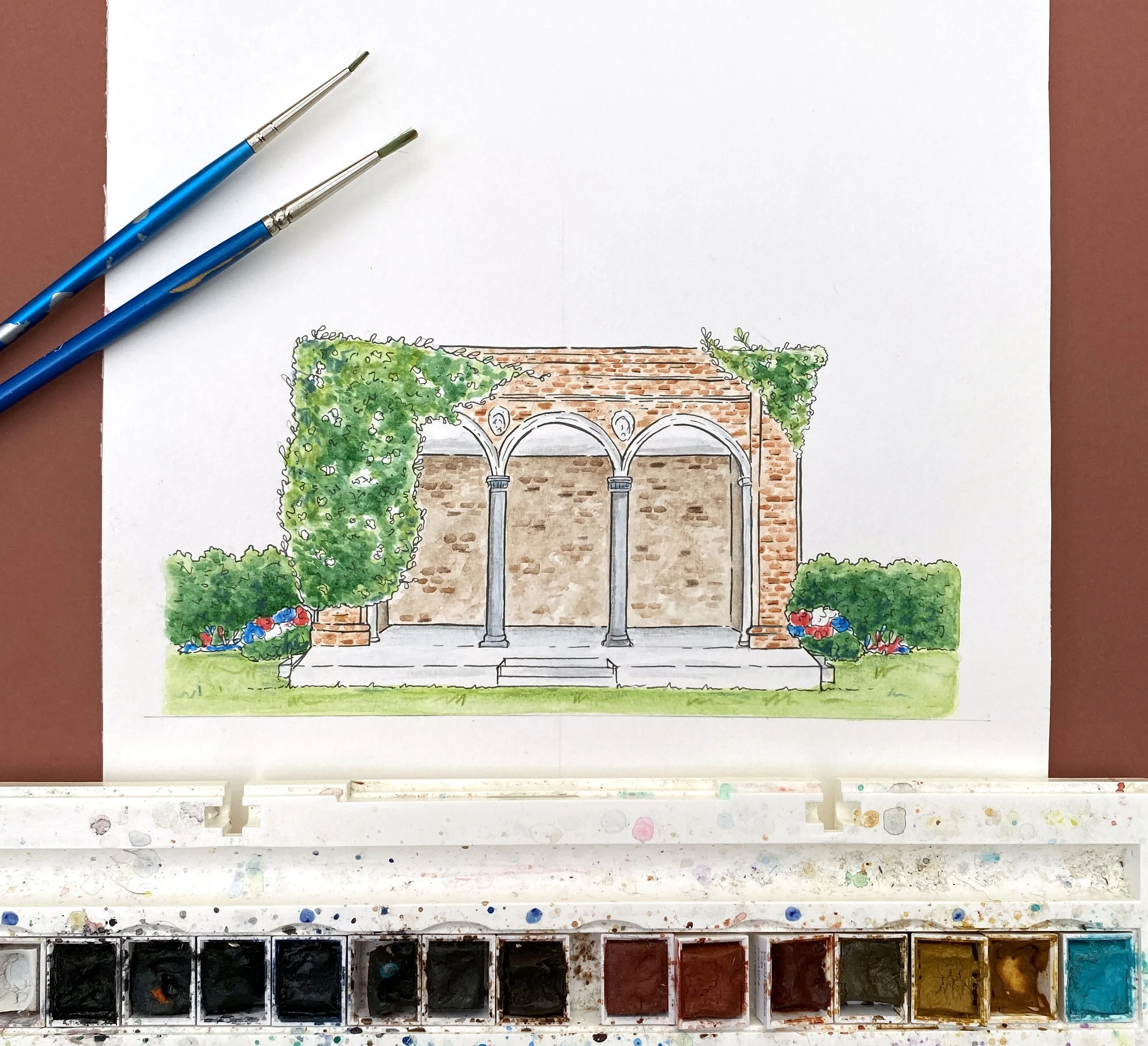 Finished watercolour, pen and pencil illustration of the loggia located in the ground of Broome Park, where their outdoor wedding ceremonies take place