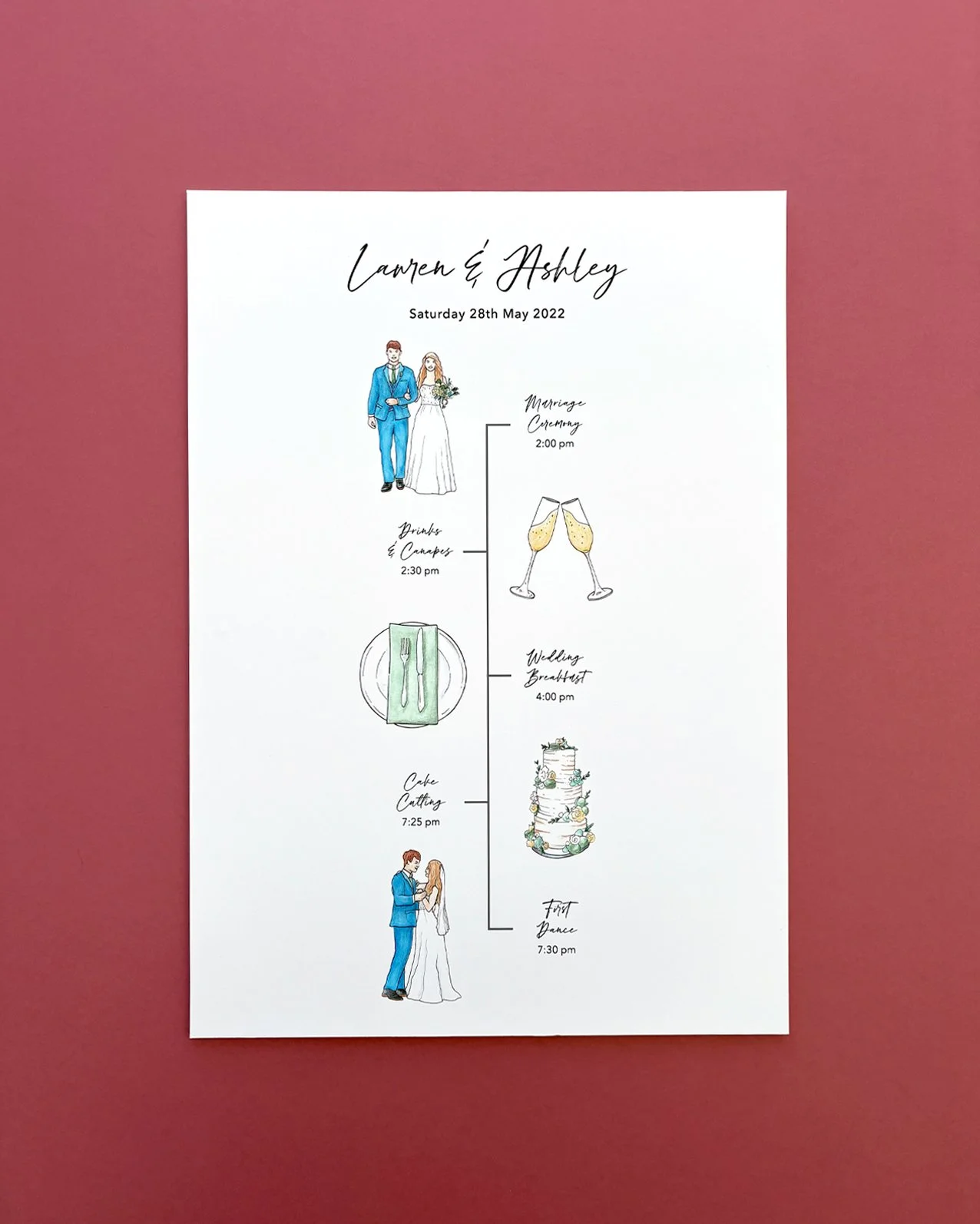 An on the day wedding timeline, featuring watercolour illustrations of the key timings of the day, painted using a colour scheme to fit with the sage and grey they were having on the day.