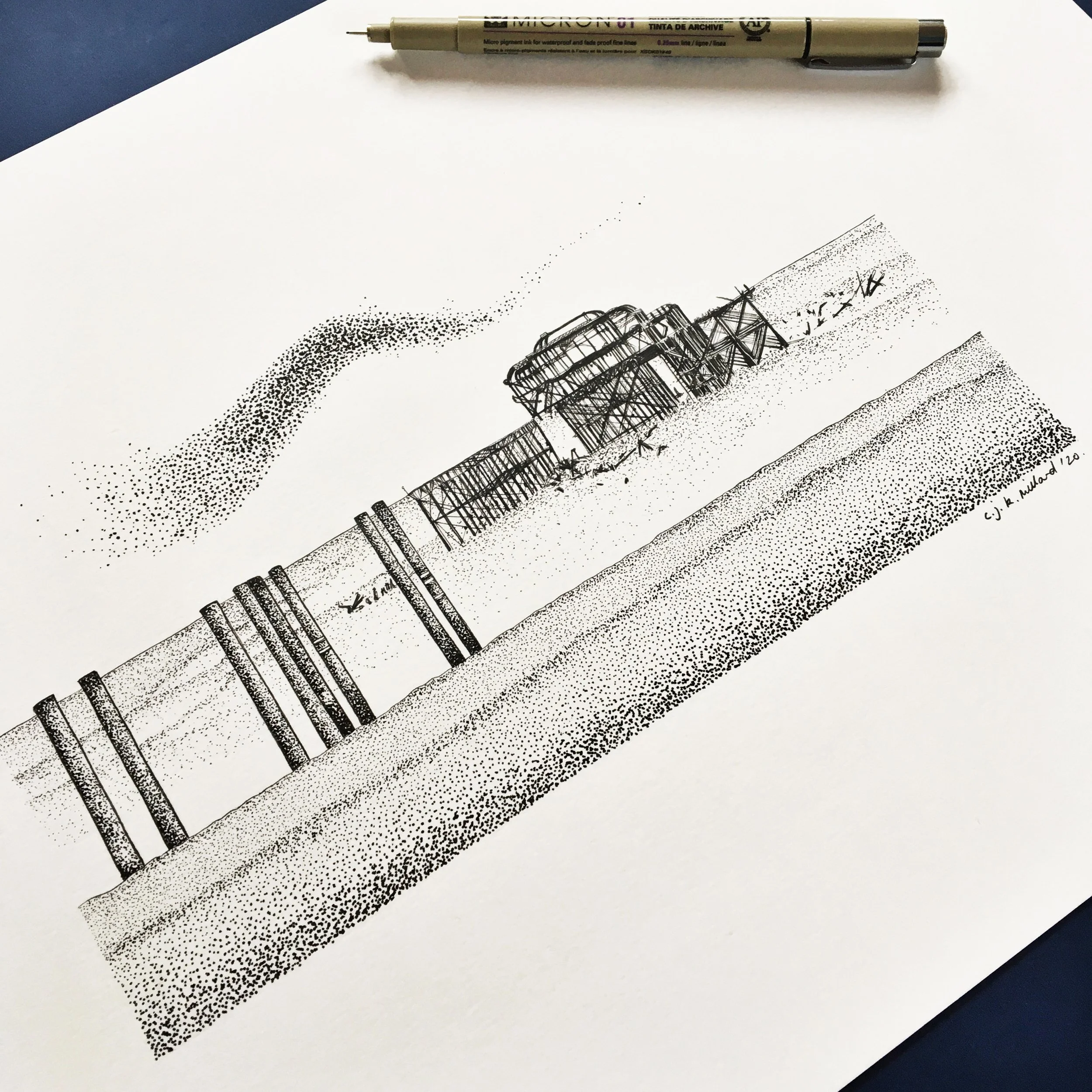 Black and white illustration of Brighton's historic west pier, drawn using lines and dots.