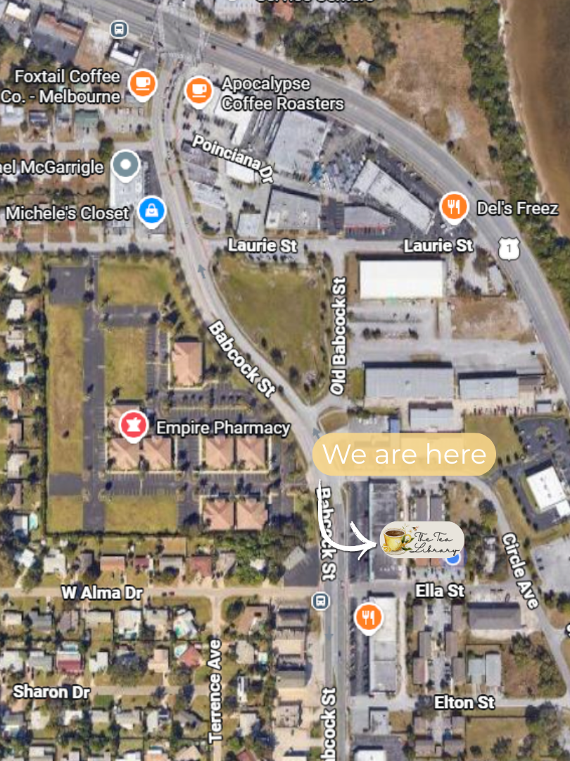 Map showing location of 'The Tea Library' with a marker and a label 'We are here' on Old Babcock Street in Melbourne, Florida, near intersections with Ella Street, Gritle Avenue, and other streets, with nearby businesses including pharmacies and coffee shops.