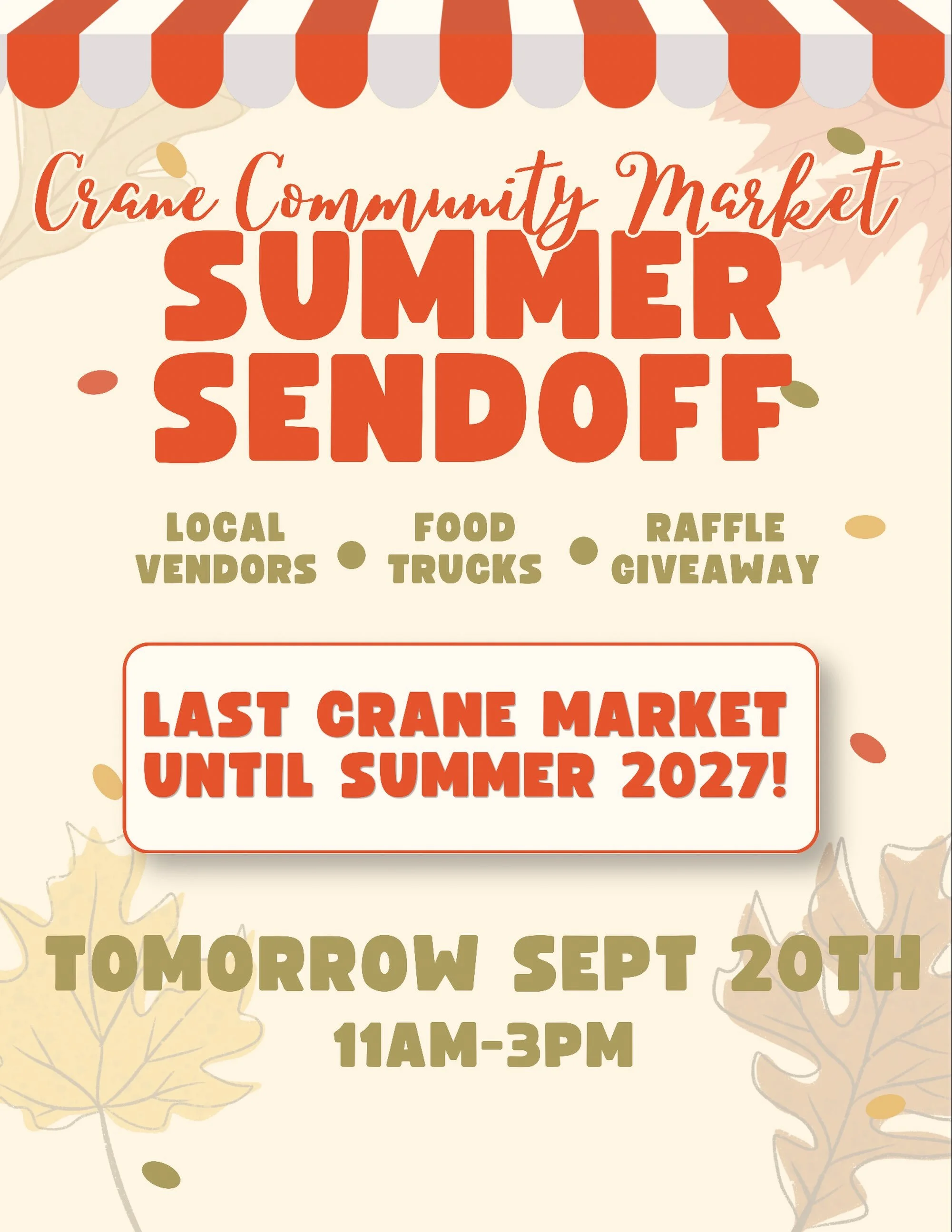 Tomorrow is the FINAL Crane Community Market of 2026!!
Raffles, pumpkin fun, food trucks, and all your favorite local vendors.

I&rsquo;ll have TWO fall samples ready for tasting plus a new fall sampler pack from 11-3 (until supples last). 

Come gra