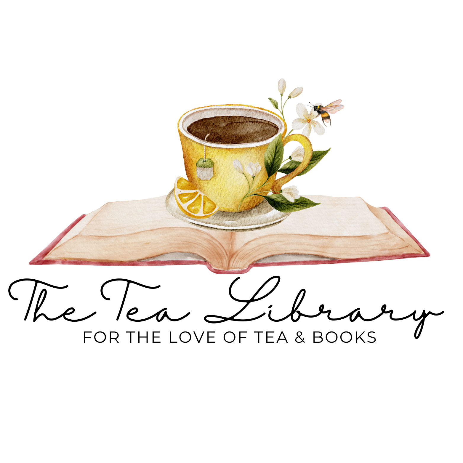 A watercolor illustration of a yellow coffee cup filled with coffee, sitting on an open book. The cup is decorated with lemon slices, leaves, white flowers, and a small honey dipper hanging from the rim. There is a lemon wedge on the book near the cup, and a hummingbird is flying nearby.